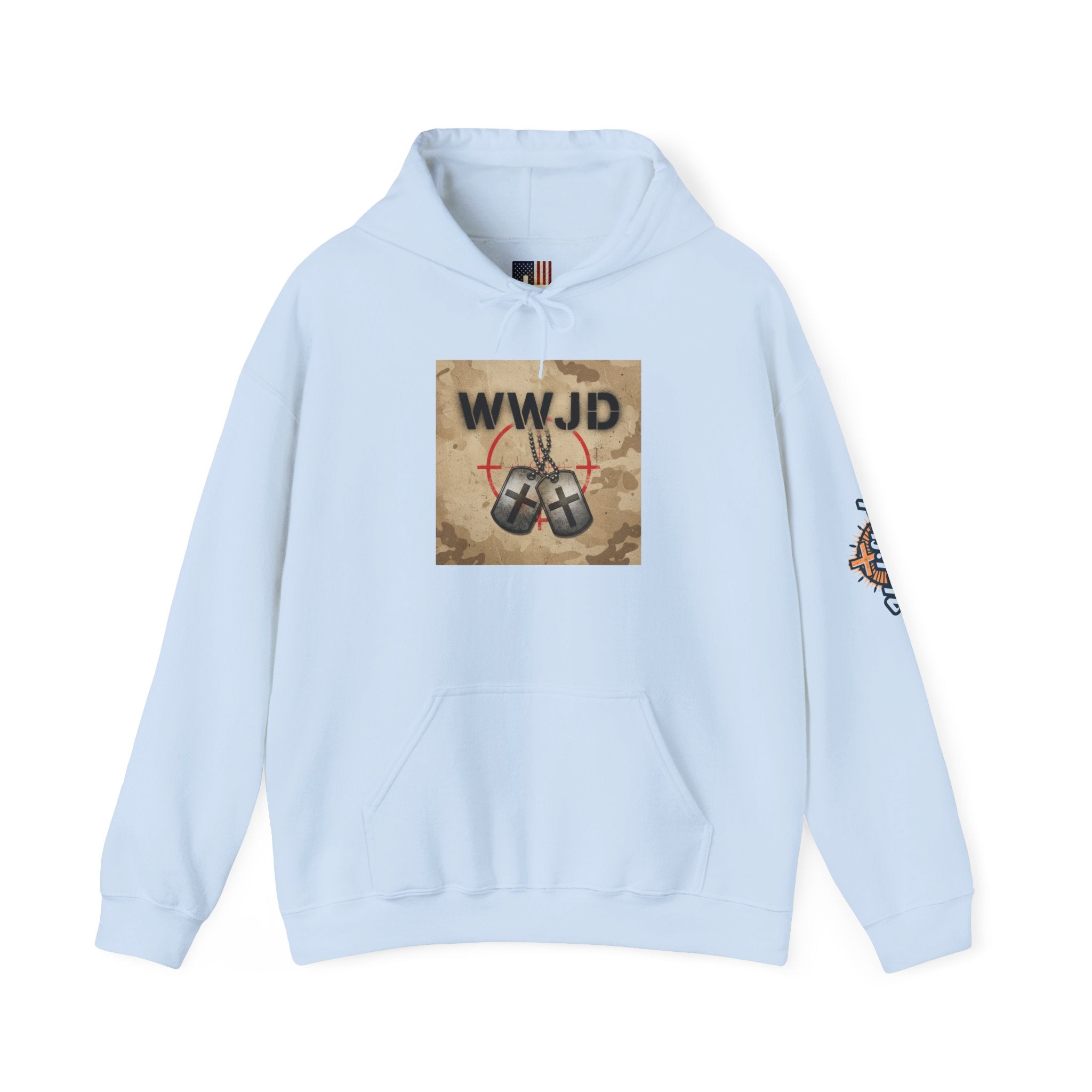 WWJD Hoodie – Military Dog Tags What Would Jesus Do Camo Christian Sweatshirt for Bold Faith & Streetwear Printify