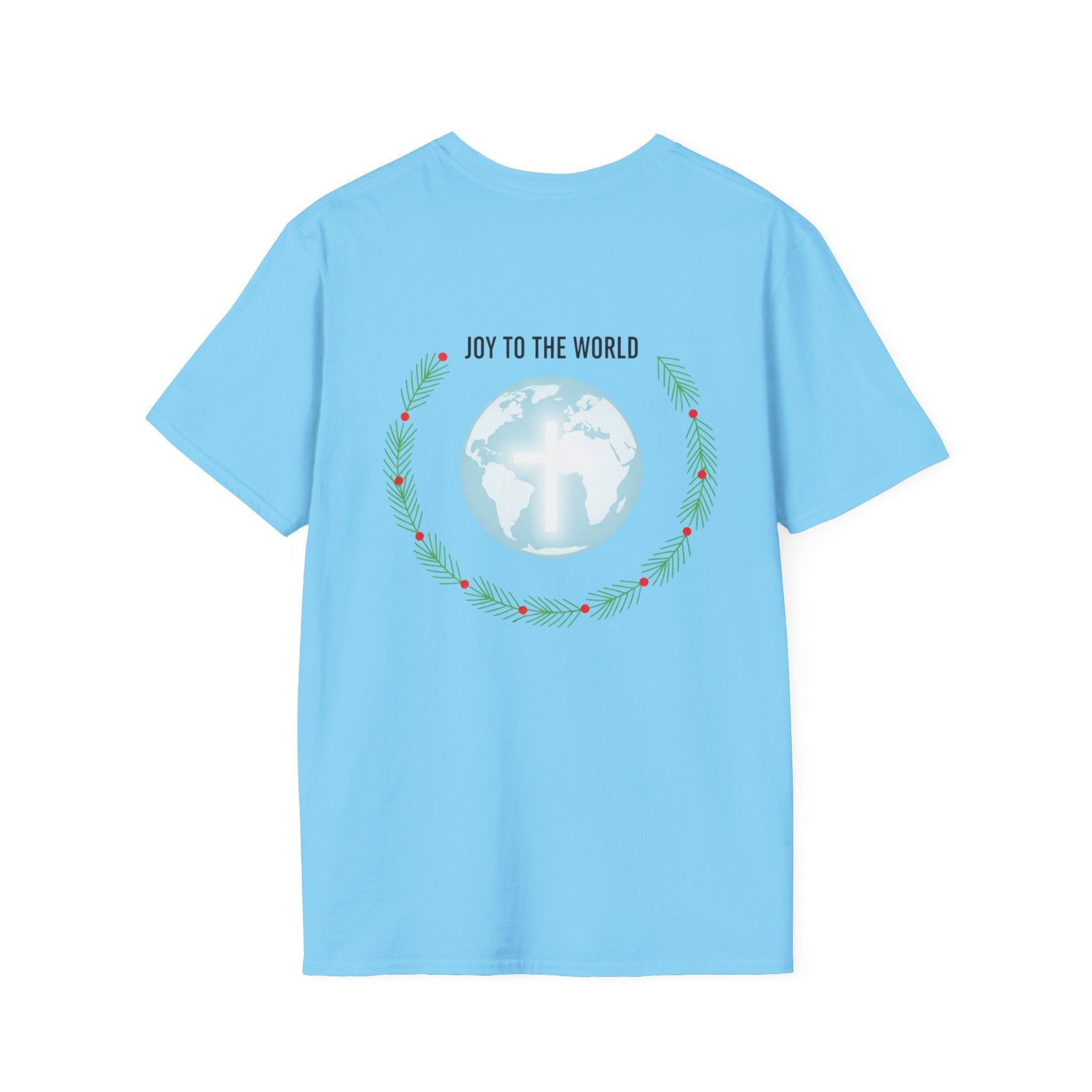 Joy to the World T-shirt – Wreath Earth Nativity Christian Christmas T-shirt for Isaiah 9:6 Holiday Faith & Festive Joy Printify