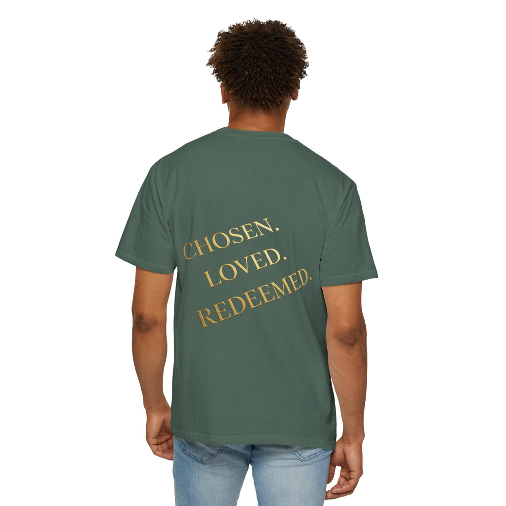 ✨ Chosen. Loved. Redeemed. – Elegant Christian T-Shirt | Gold Foil Faith Tee | Subtle Cross & Heart Design | Inspirational Bible Verse Apparel by Uplifted Gear Printify