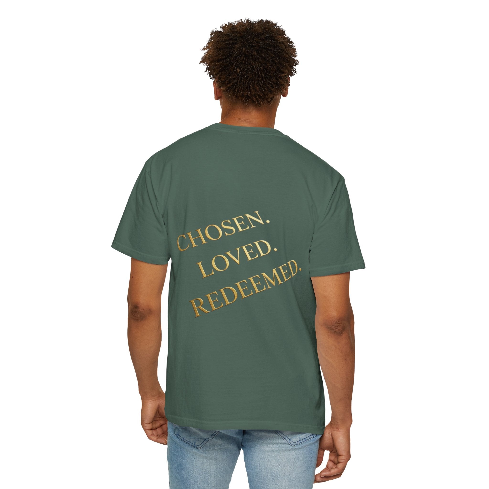 ✨ Chosen. Loved. Redeemed. – Elegant Christian T-Shirt | Gold Foil Faith Tee | Subtle Cross & Heart Design | Inspirational Bible Verse Apparel by Uplifted Gear Printify
