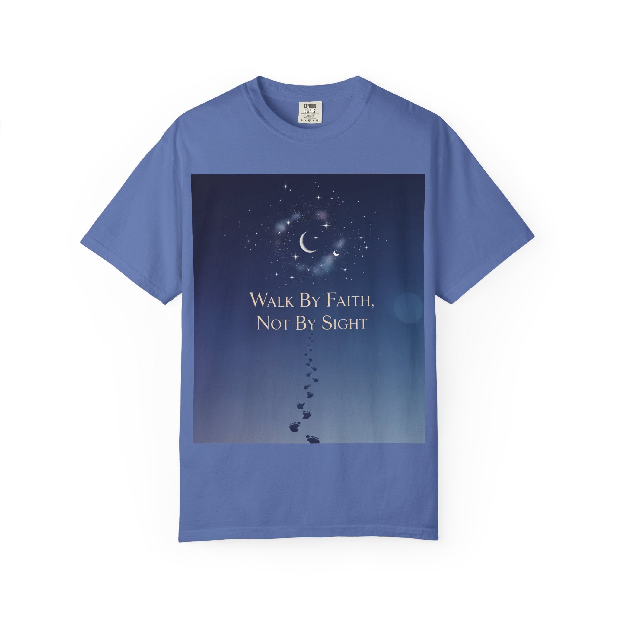 Walk by Faith, Not by Sight T-Shirt – Footprints in the Sand Christian Moonlit Tee Printify