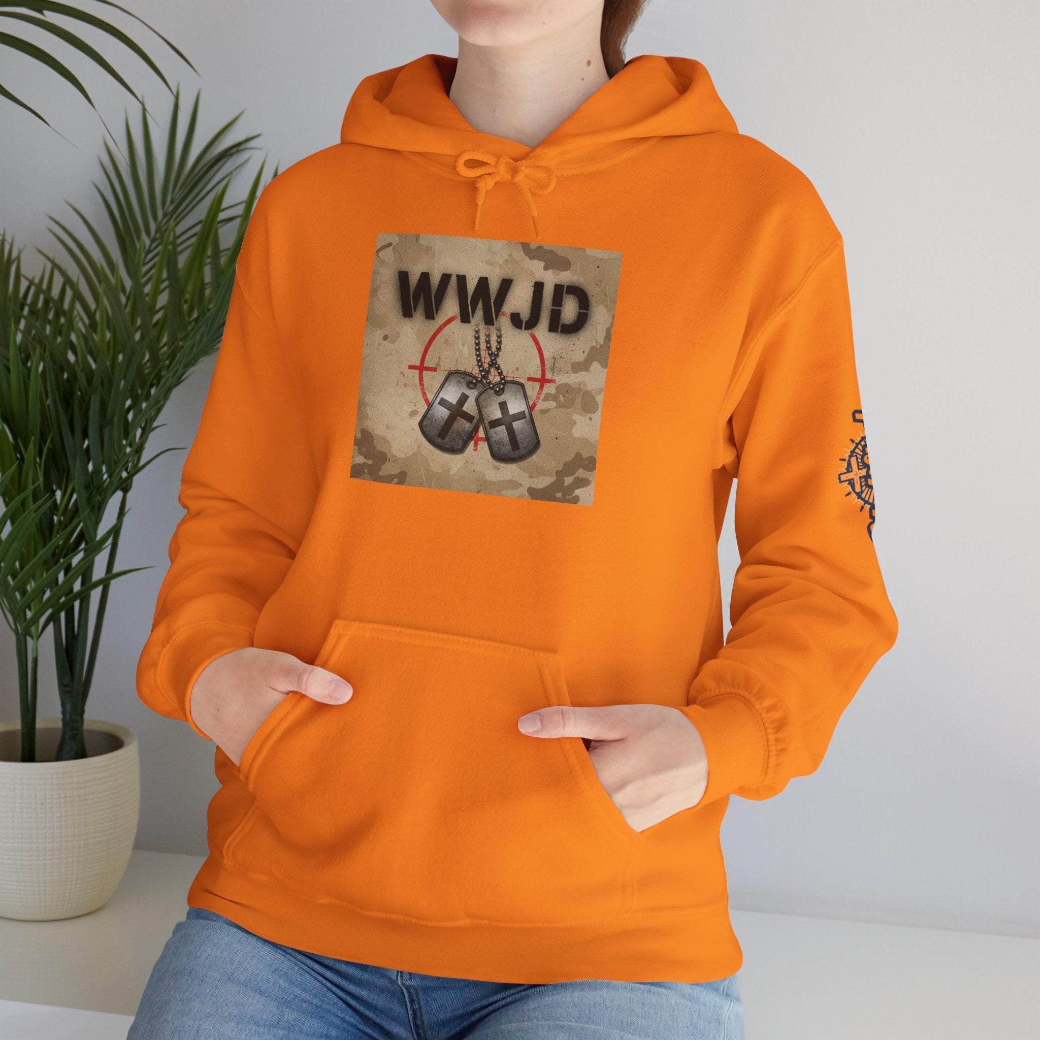WWJD Hoodie – Military Dog Tags What Would Jesus Do Camo Christian Sweatshirt for Bold Faith & Streetwear Printify