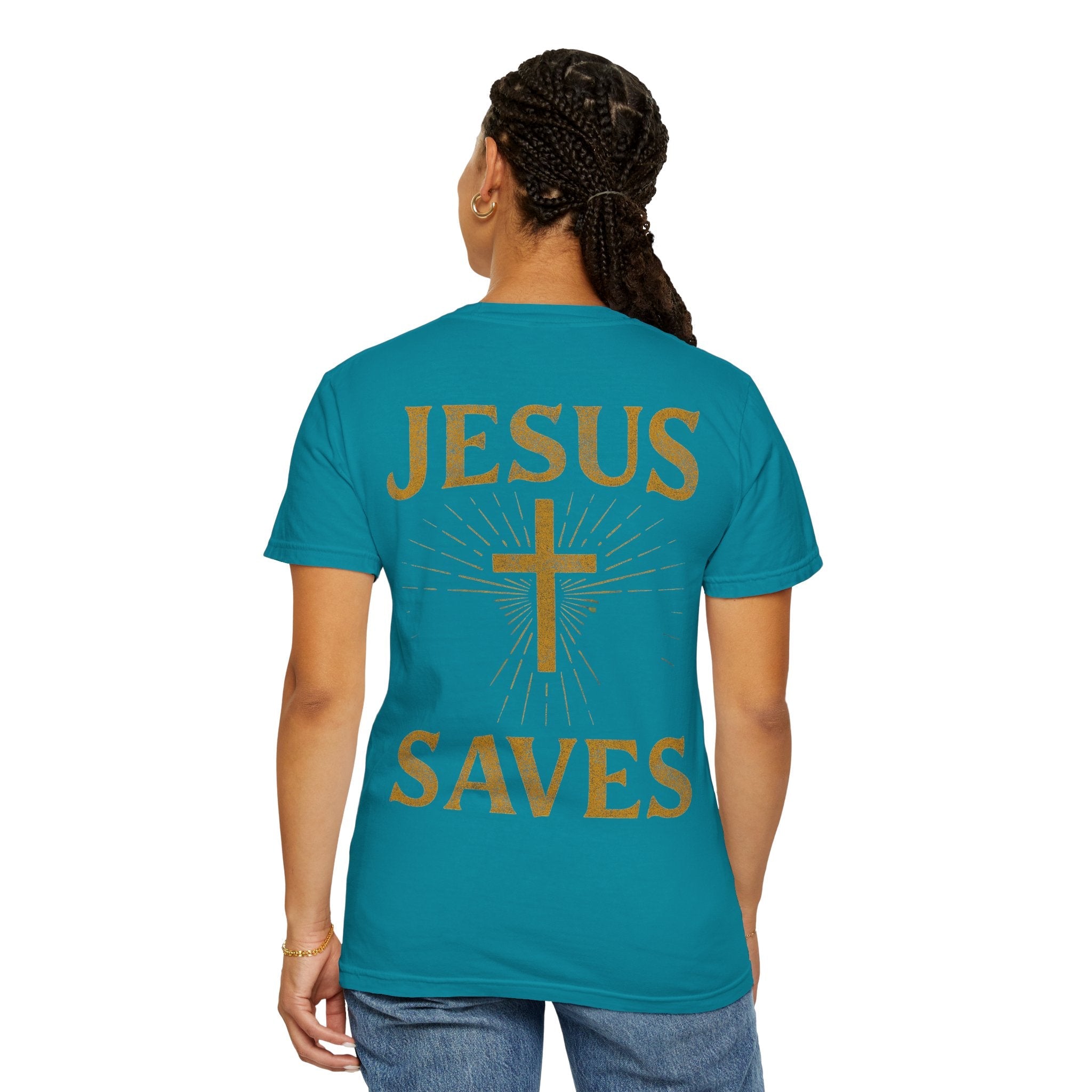 Jesus Saves T-shirt – Radiant Cross & Rays of Light Christian T-shirt for Eternal Hope & Faith Printify