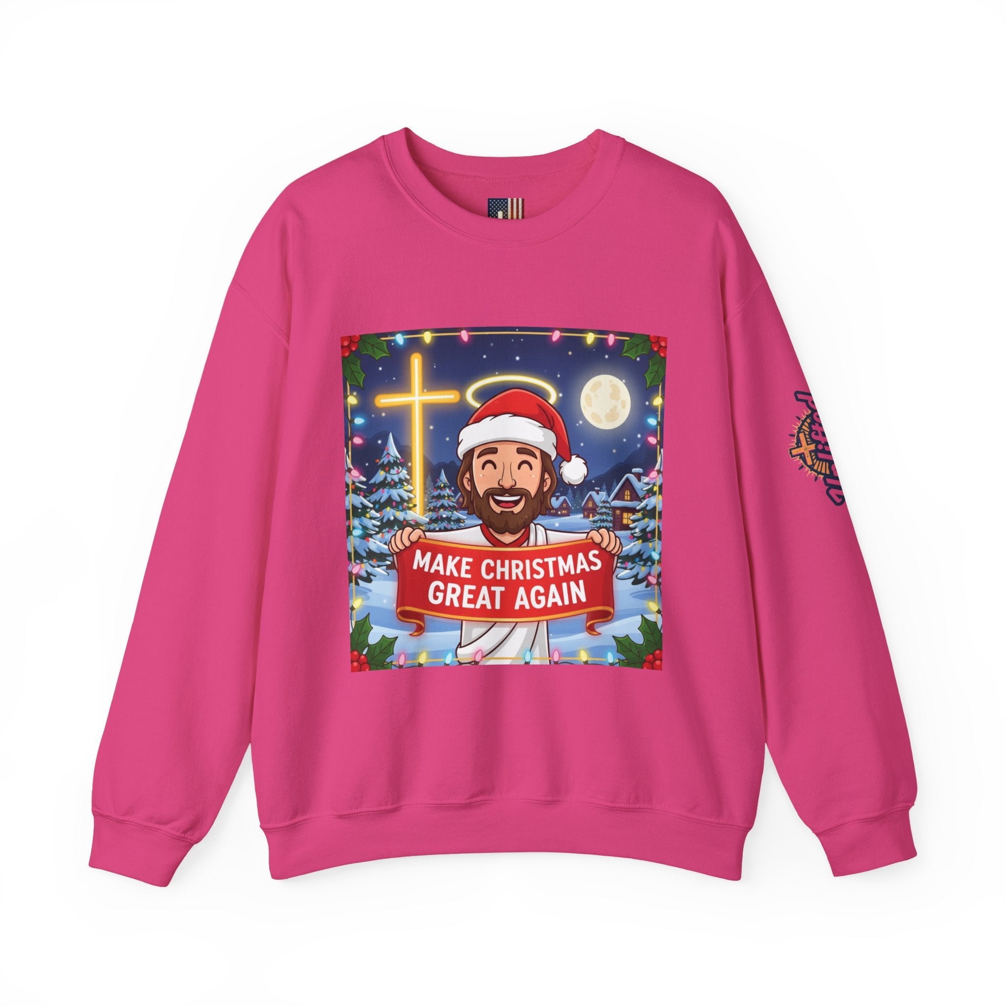 🎄 Make Christmas Great Again – Funny Christian Sweatshirt | Jesus Holding Banner | Faith-Based Holiday Parody Tee | Uplifted Gear Printify