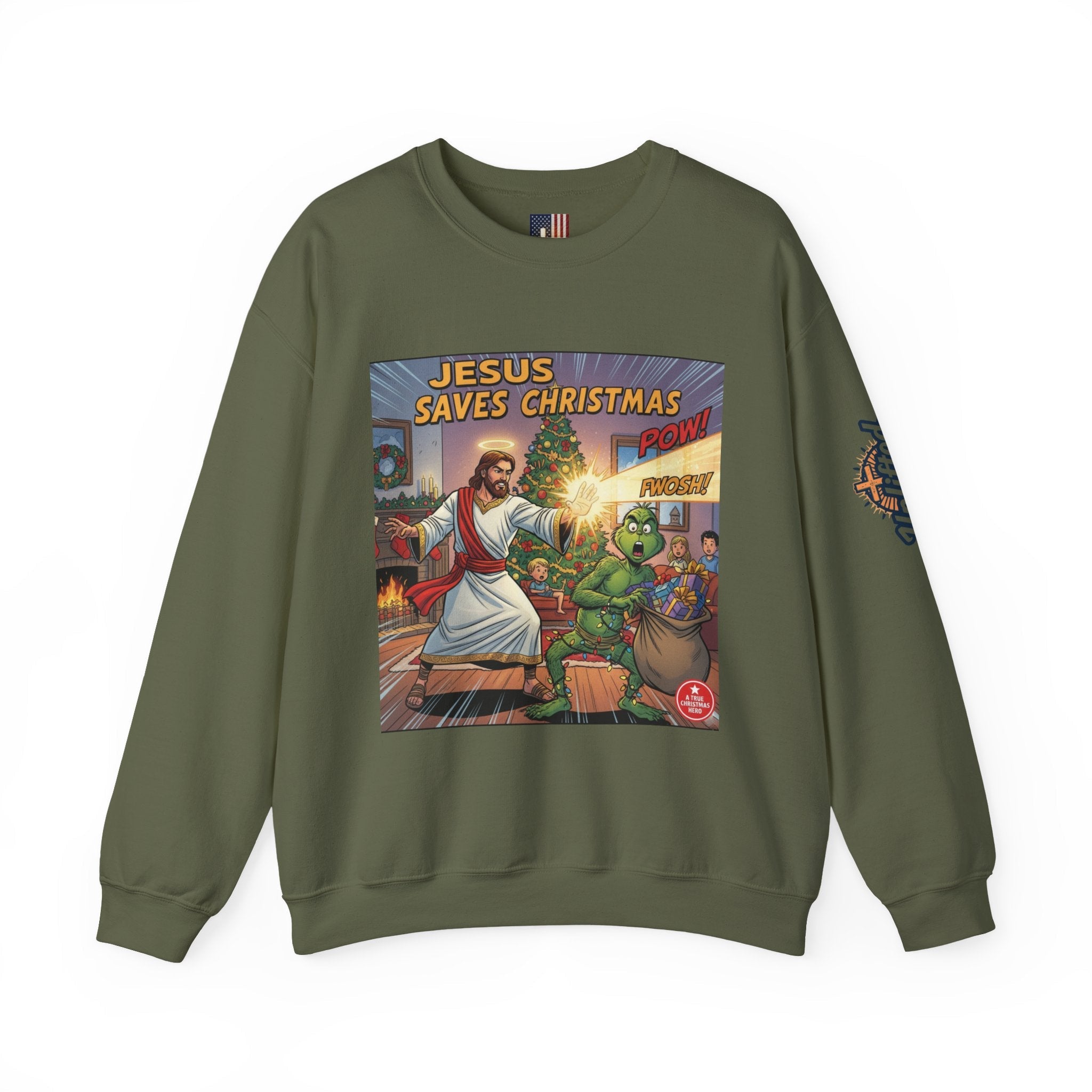 Jesus Saves Christmas Sweatshirt – Grinch vs Savior Light Battle Christian Sweatshirt for Hilarious Holiday Faith & True Joy Printify