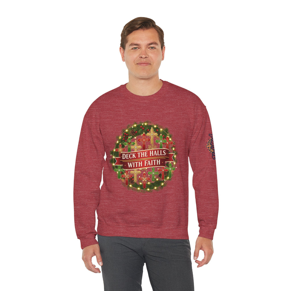 🎄 Deck the Halls with Faith – Christian Christmas Sweatshirt | Cross Ornament Design & Festive Garland | Bold Holiday Faith Tee by Uplifted Gear Printify
