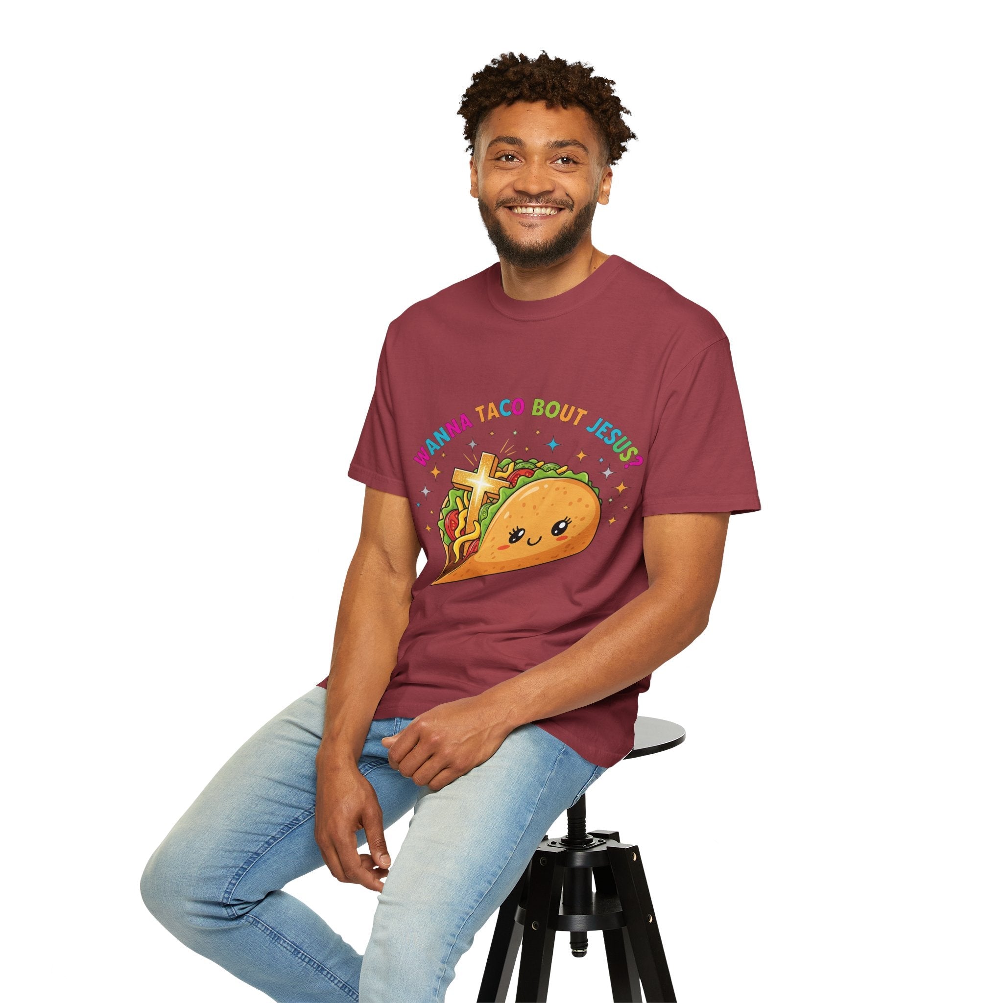 Wanna Taco 'Bout Jesus? Funny Christian Pun T-Shirt – Lettuce Pray & Share Faith! Printify