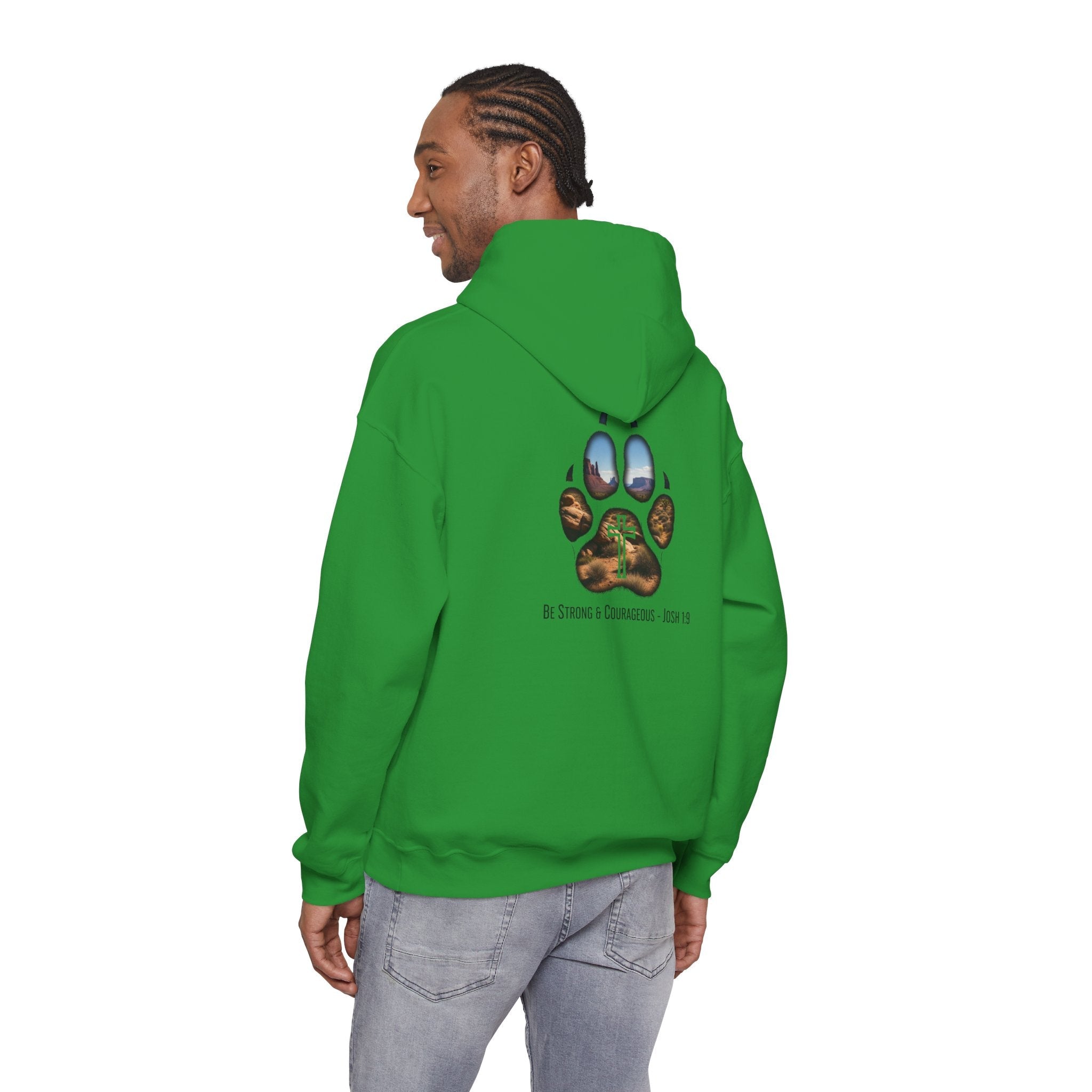 Strong and Courageous Hoodie – Joshua 1:9 Canine Pawprint Desert Christian Hoodie for Dog Lovers Printify