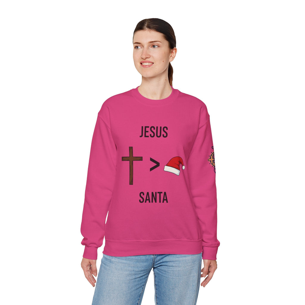 🎄 Jesus > Santa – Minimalist Christian Christmas Sweatshirt | Bold Faith Over Holiday Tee | Cross vs Santa Hat Design | Uplifted Gear Printify