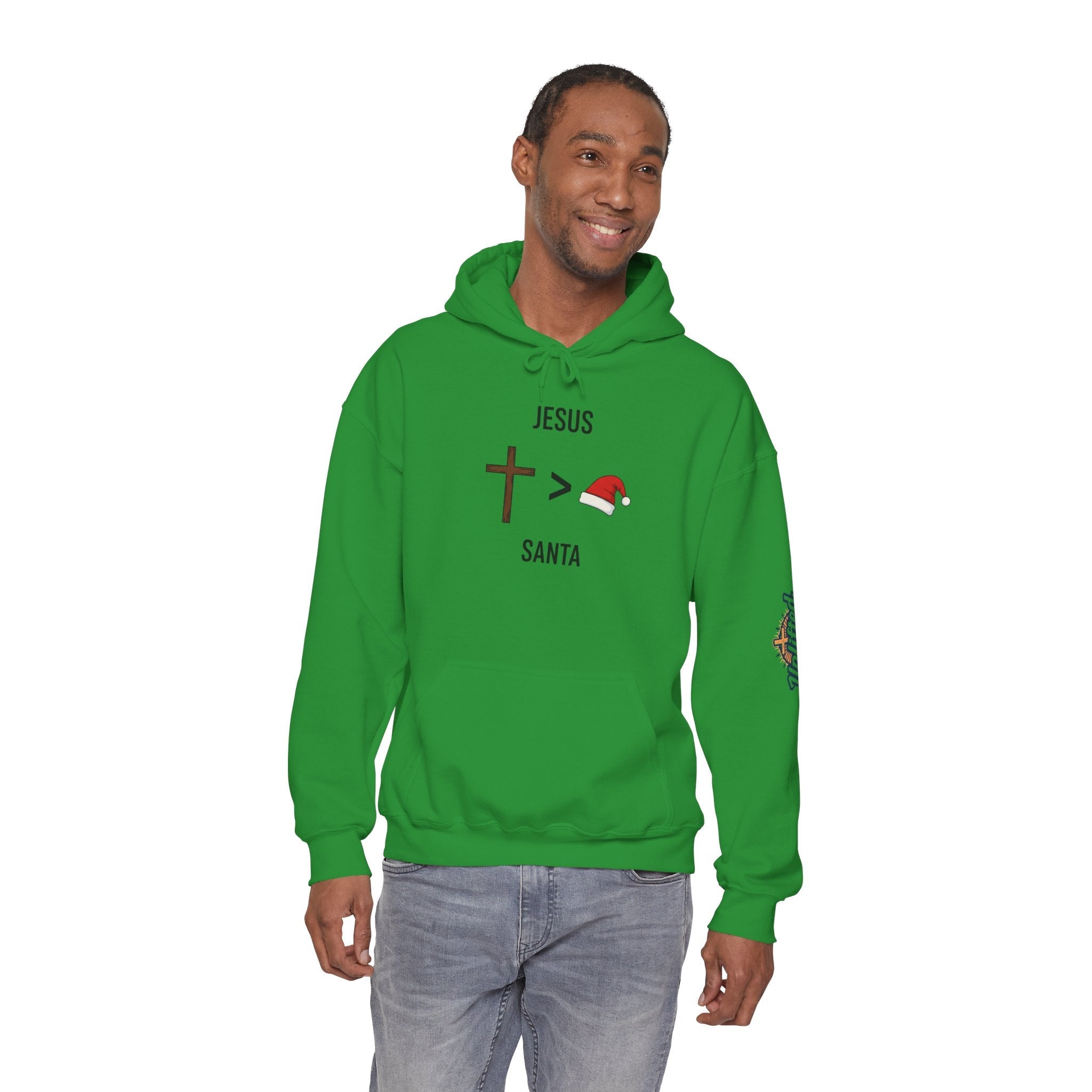 🎄 Jesus > Santa – Minimalist Christian Christmas Hoodie | Bold Faith Over Holiday Tee | Cross vs Santa Hat Design | Uplifted Gear Printify