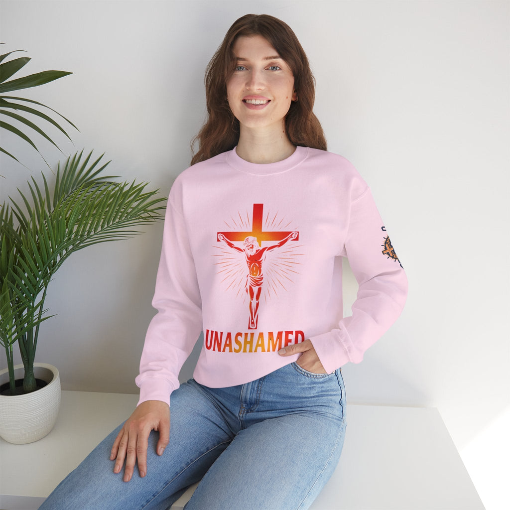Unashamed Sweatshirt – Romans 1:16 Crucifixion Christian Sweatshirt for Bold Unwavering Faith Printify