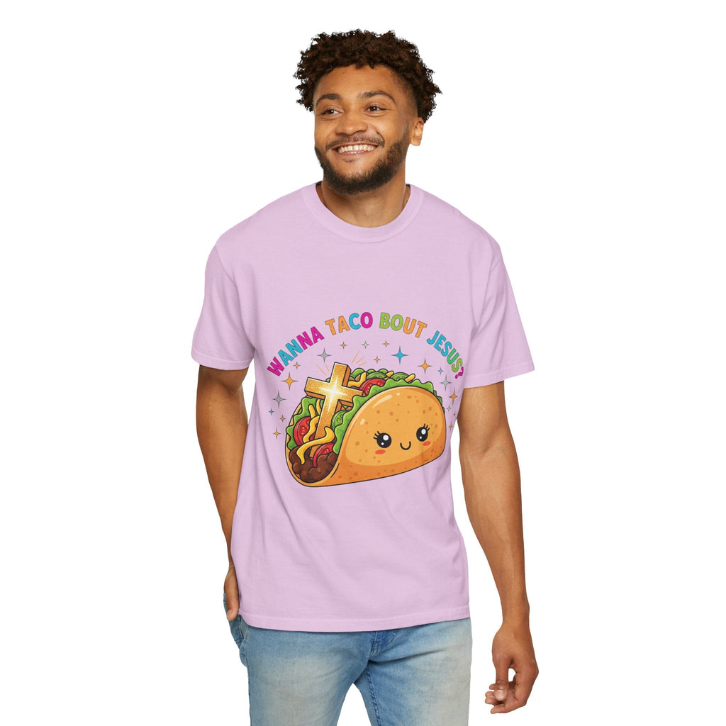 Wanna Taco 'Bout Jesus? Funny Christian Pun T-Shirt – Lettuce Pray & Share Faith! Printify