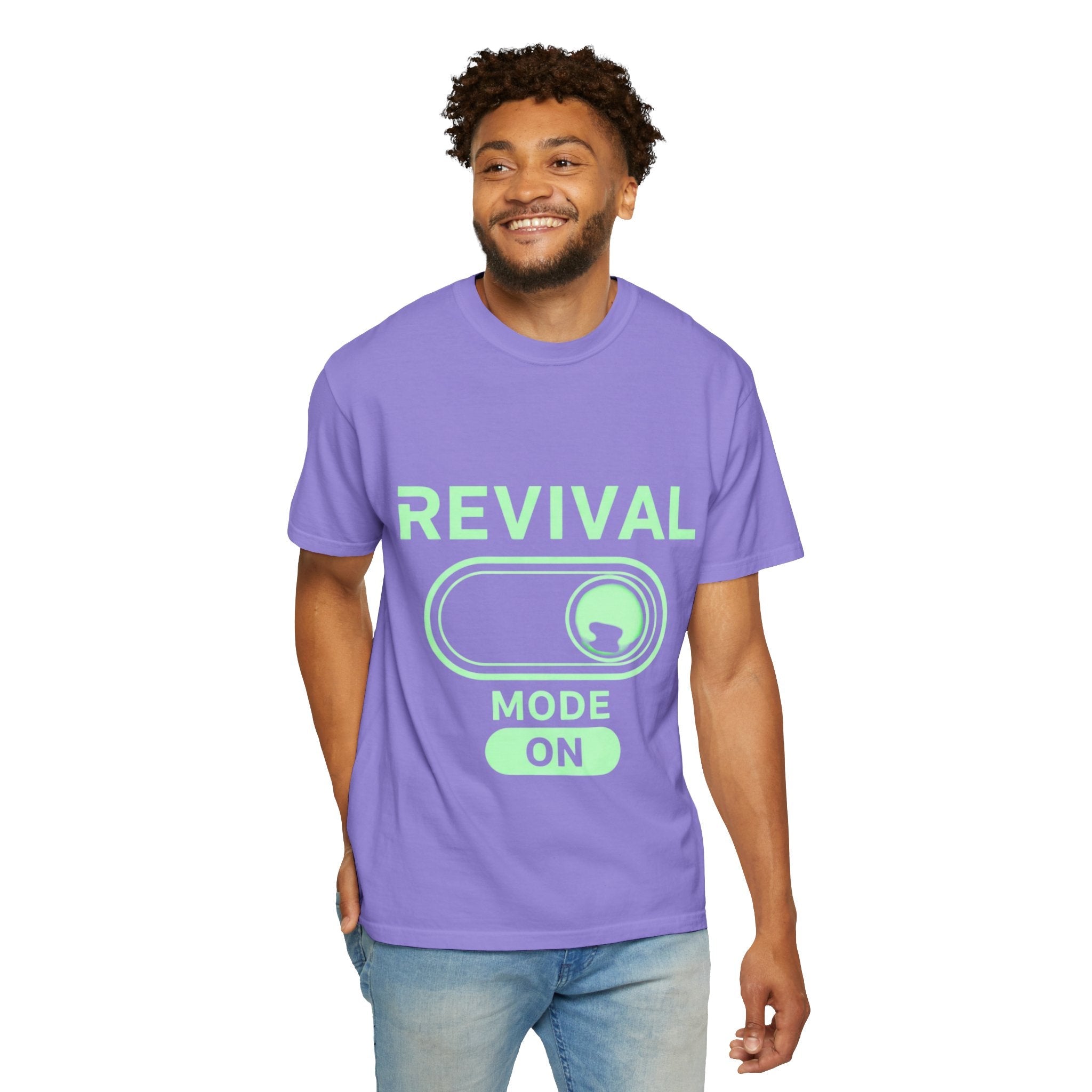 🔥 Revival Mode: ON – Christian Techwear T-Shirt | Glowing Green Faith Switch | Futuristic Jesus Shirt | Activate Your Spiritual Awakening | Uplifted Gear Printify
