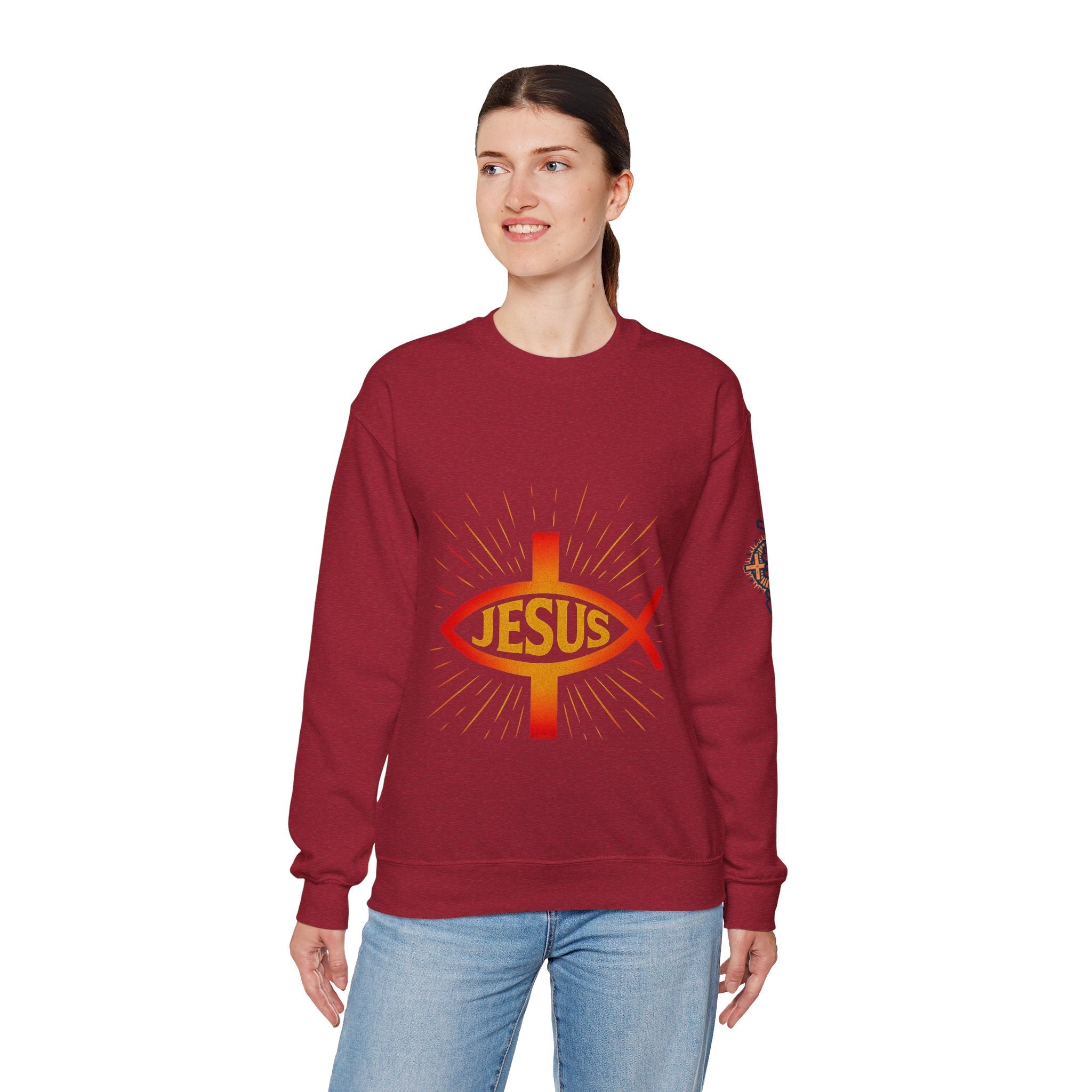 Jesus Ichthys Sweatshirt – Christian Fish Symbol with Cross & Jesus Inscription Sweatshirt for Eternal Faith & Streetwear Printify