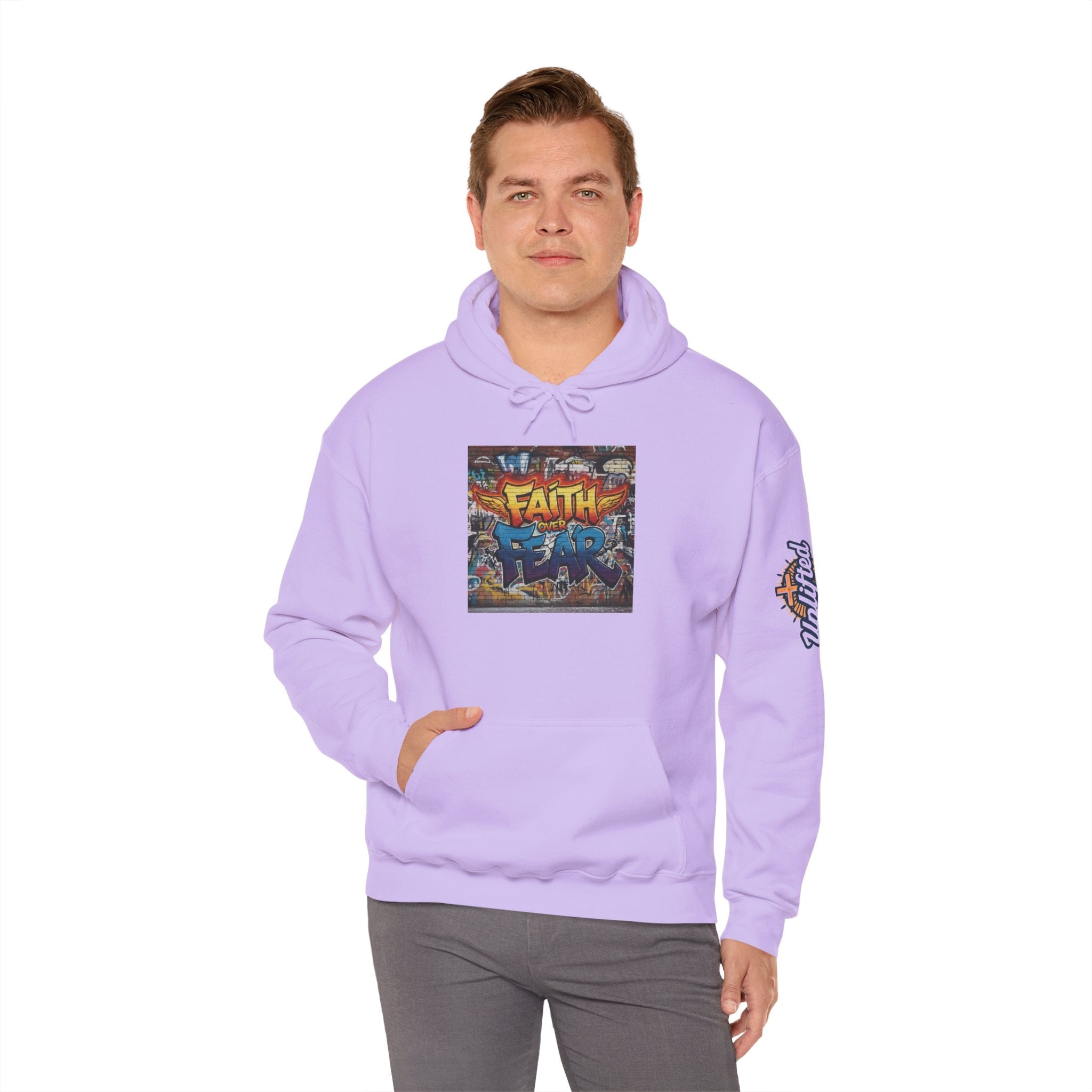 Faith Over Fear Hoodie – Graffiti Wall Christian Sweatshirt for Bold 2 Corinthians 5:7 Streetwear & Unshakable Faith Printify