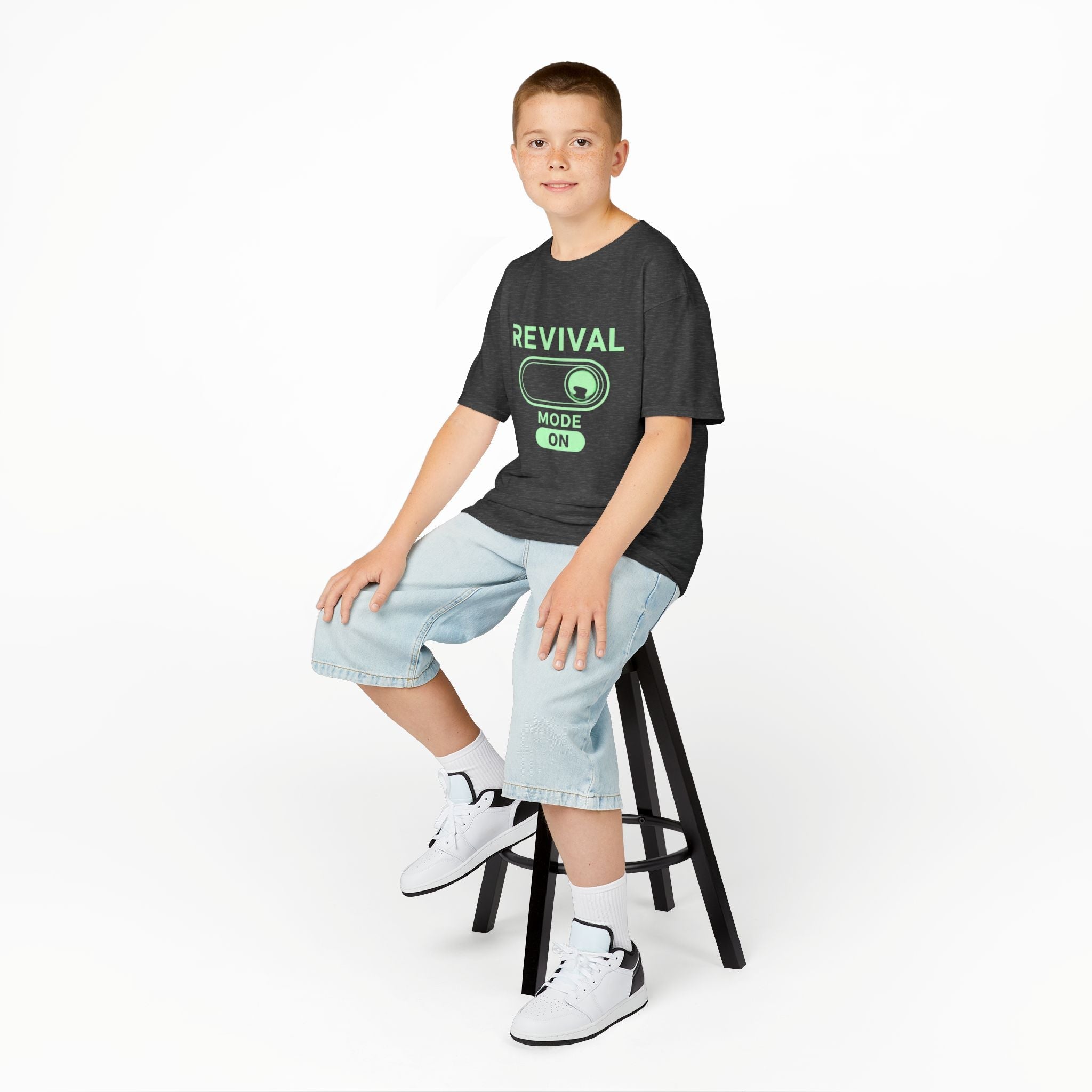 🔥 Revival Mode: ON – Christian Techwear Kids T-Shirt | Glowing Green Faith Switch | Futuristic Jesus Shirt | Activate Your Spiritual Awakening | Uplifted Gear Printify