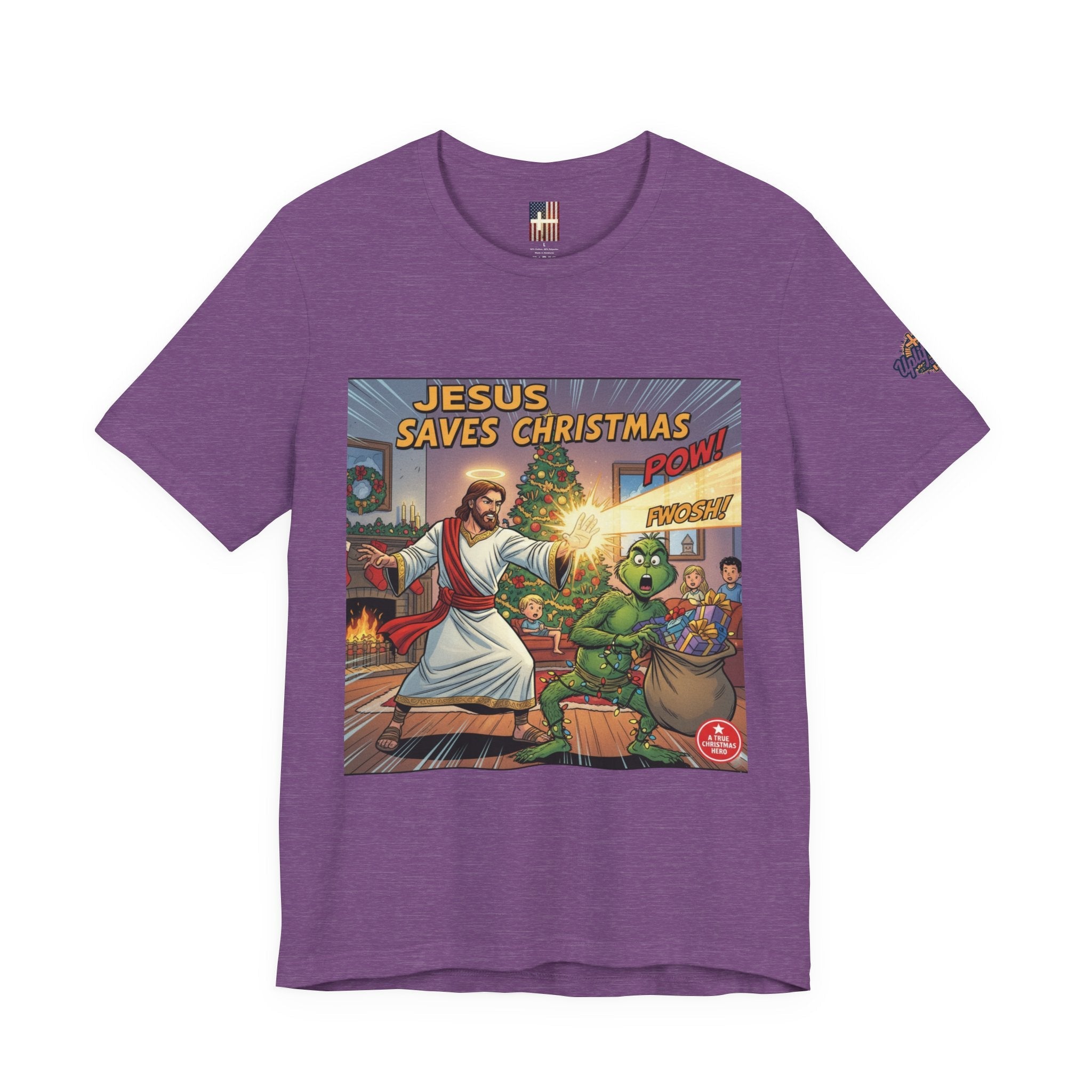 Jesus Saves Christmas T-shirt – Grinch vs Savior Light Battle Christian T-shirt for Hilarious Holiday Faith & True Joy Printify