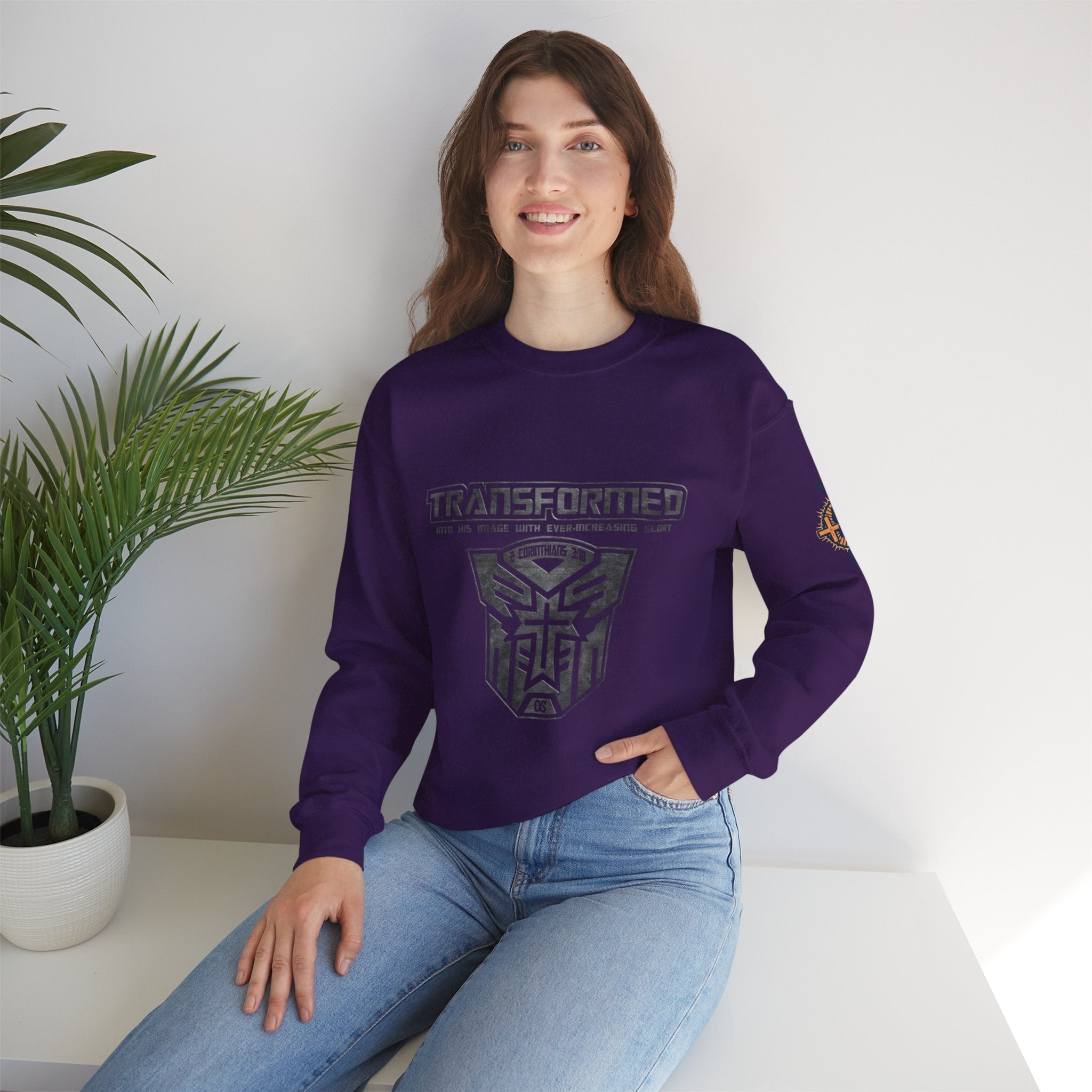 Transformer Logo Christian Sweatshirt | 2 Corinthians 3:18 Bible Verse Sweatshirt Printify
