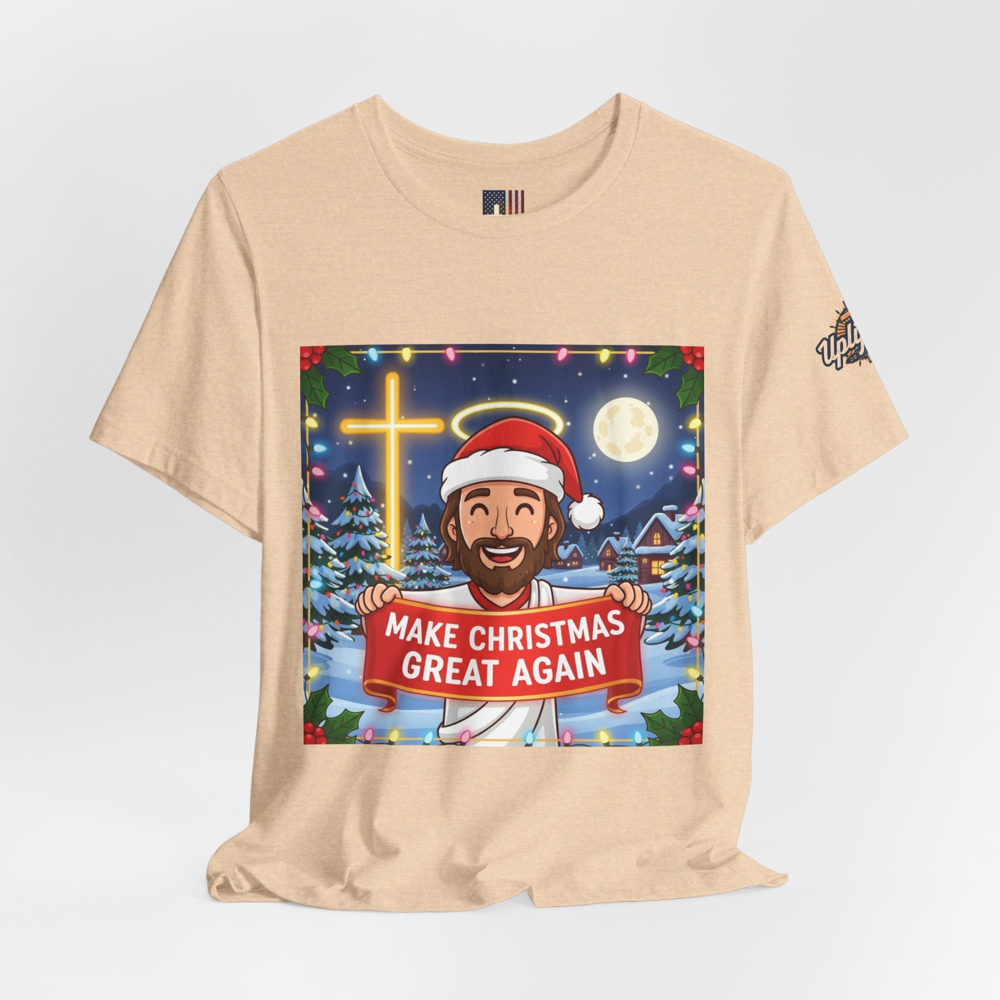 🎄 Make Christmas Great Again – Funny Christian T-Shirt | Jesus Holding Banner | Faith-Based Holiday Parody Tee | Uplifted Gear Printify
