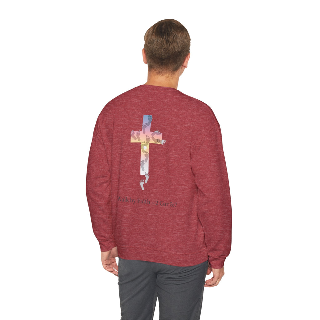 Walk by Faith Sweatshirt – Cross & Footprints Christian Sweatshirt for Cozy Inspiration Printify