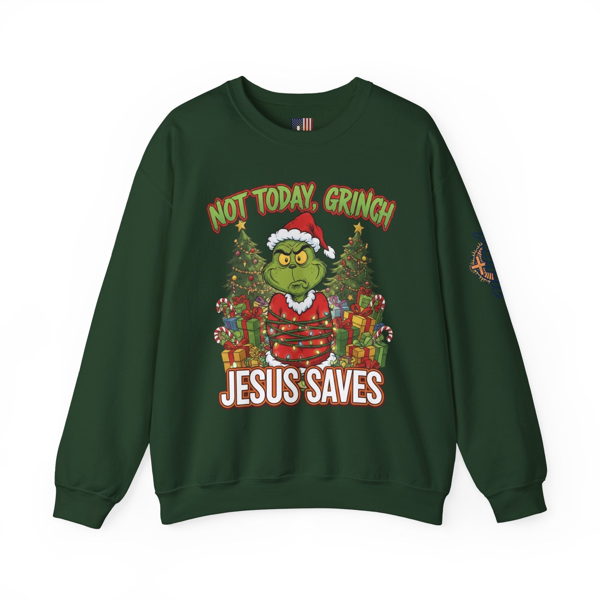 🎄 Not Today, Grinch – Jesus Saves | Funny Christian Christmas Sweatshirt | Sulking Grinch & Glowing Cross | Bold Neon Faith Tee by Uplifted Gear Printify