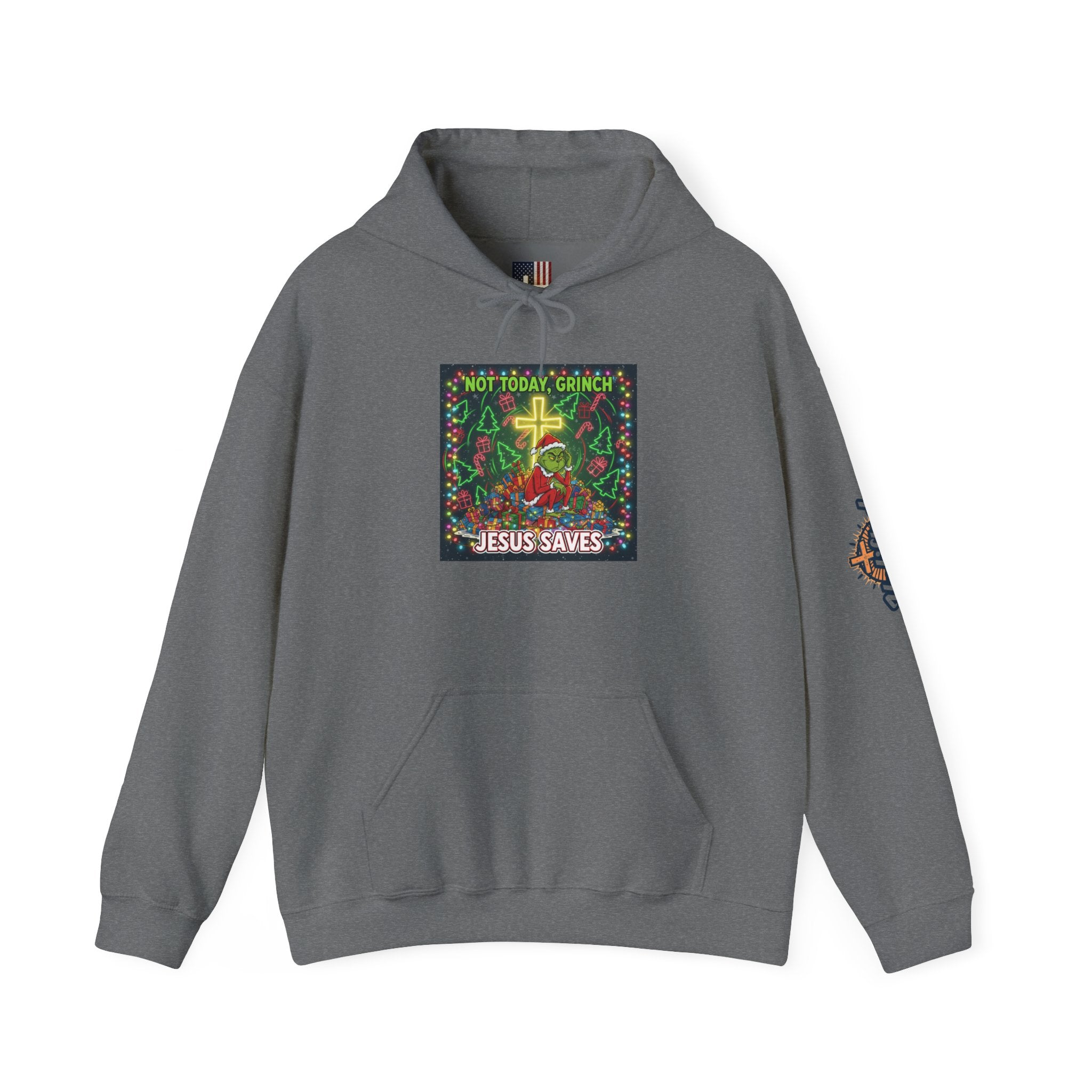 🎄 Not Today, Grinch – Jesus Saves | Funny Christian Christmas Hoodie | Festive Green & Red Cartoon Style | Bold Faith Holiday Tee by Uplifted Gear Printify
