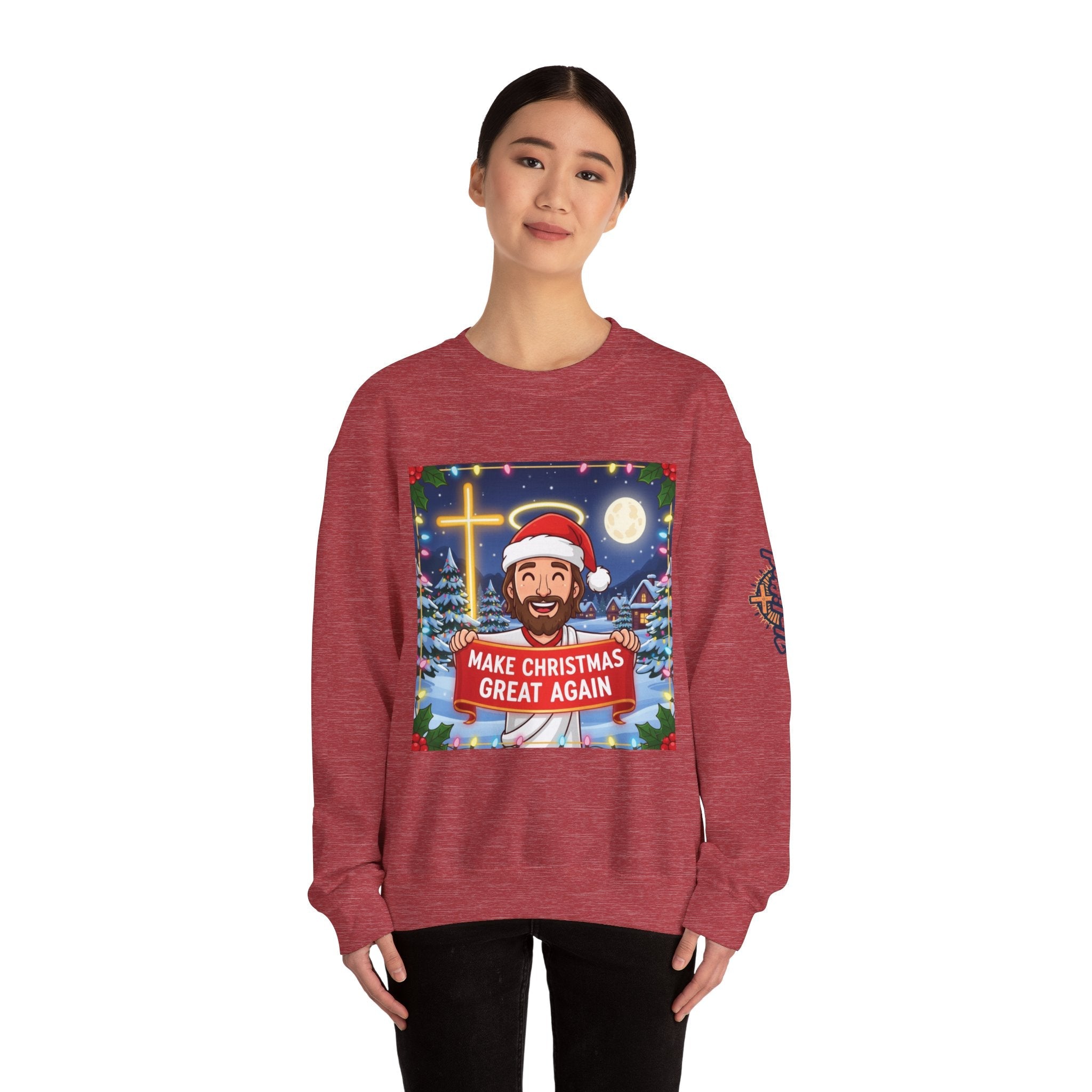 🎄 Make Christmas Great Again – Funny Christian Sweatshirt | Jesus Holding Banner | Faith-Based Holiday Parody Tee | Uplifted Gear Printify