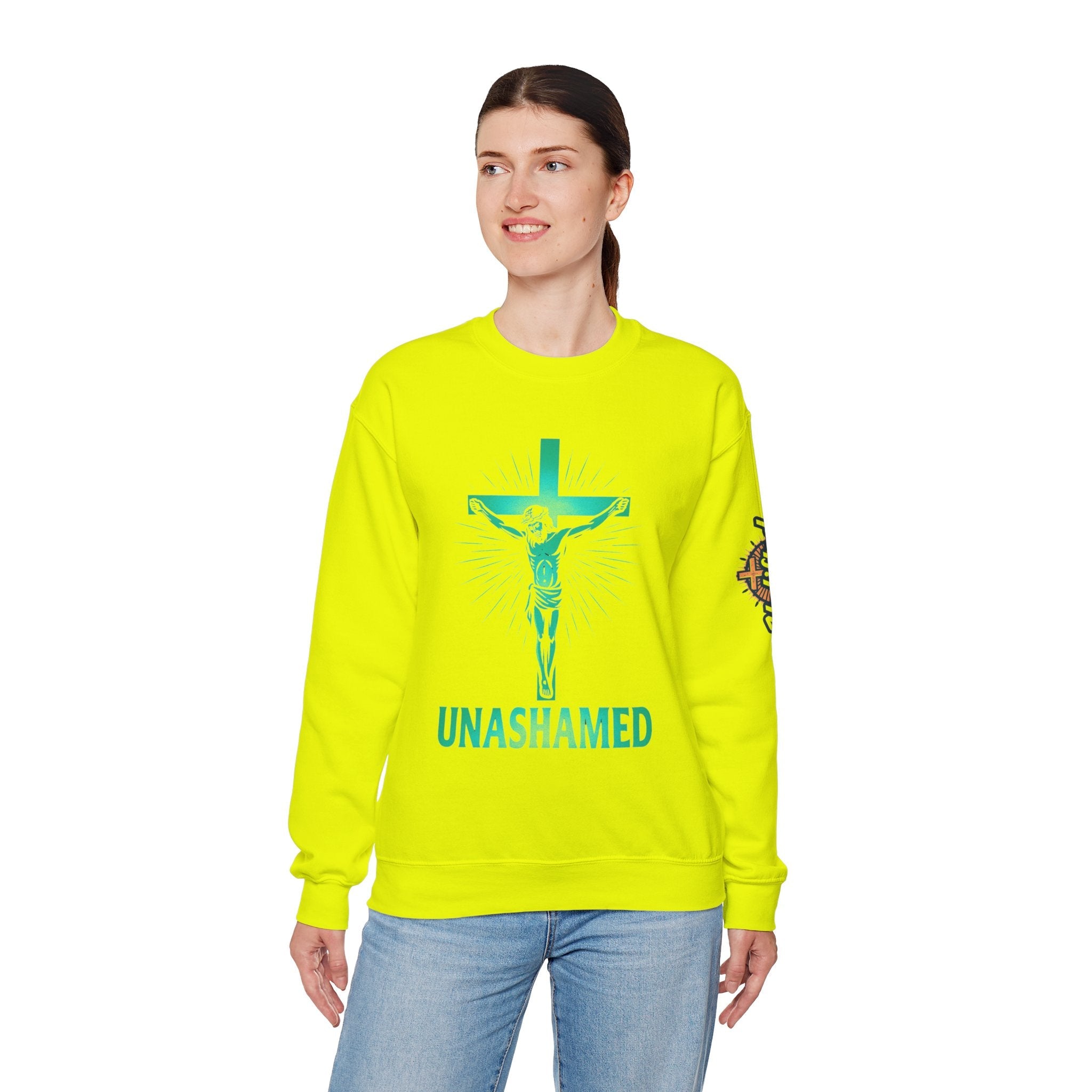 Unashamed Sweatshirt – Romans 1:16 Crucifixion Christian Sweatshirt for Bold Unwavering Faith Printify