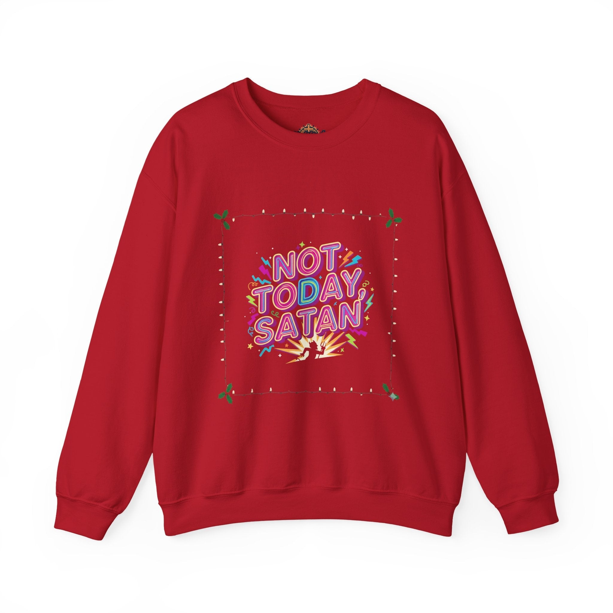 🔥 Not Today, Satan – Retro 90s Christian Sweatshirt | Neon Faith Tee | Funky Cartoon Devil | Bold Bible Verse Shirt | Uplifted Gear Printify