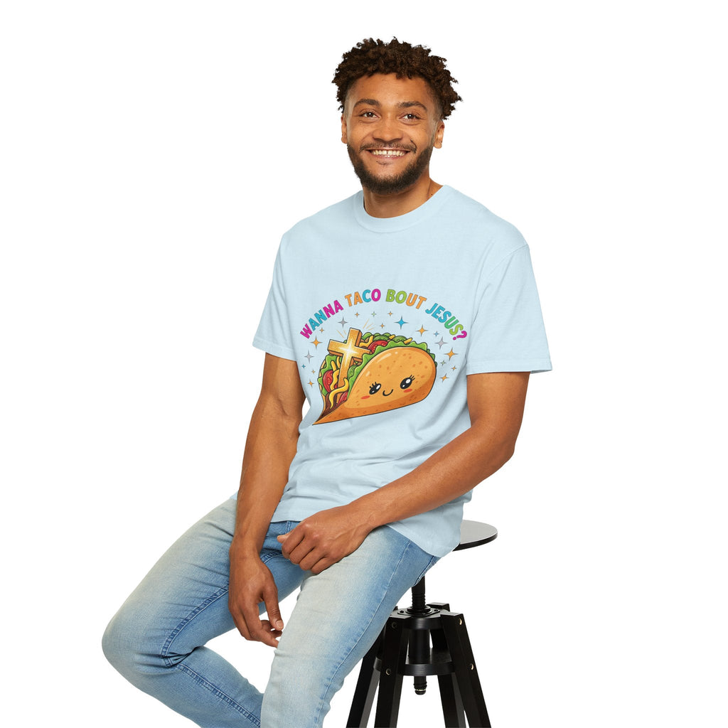 Wanna Taco 'Bout Jesus? Funny Christian Pun T-Shirt – Lettuce Pray & Share Faith! Printify