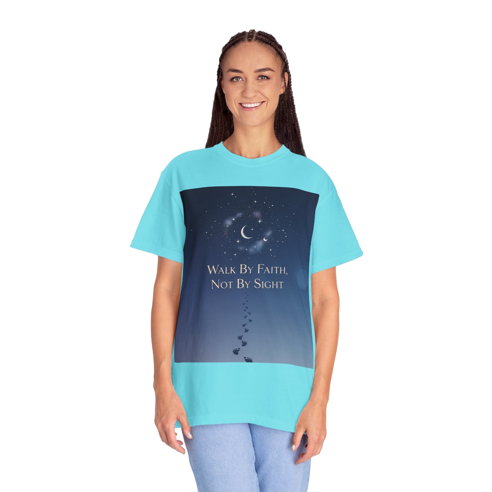 Walk by Faith, Not by Sight T-Shirt – Footprints in the Sand Christian Moonlit Tee Printify