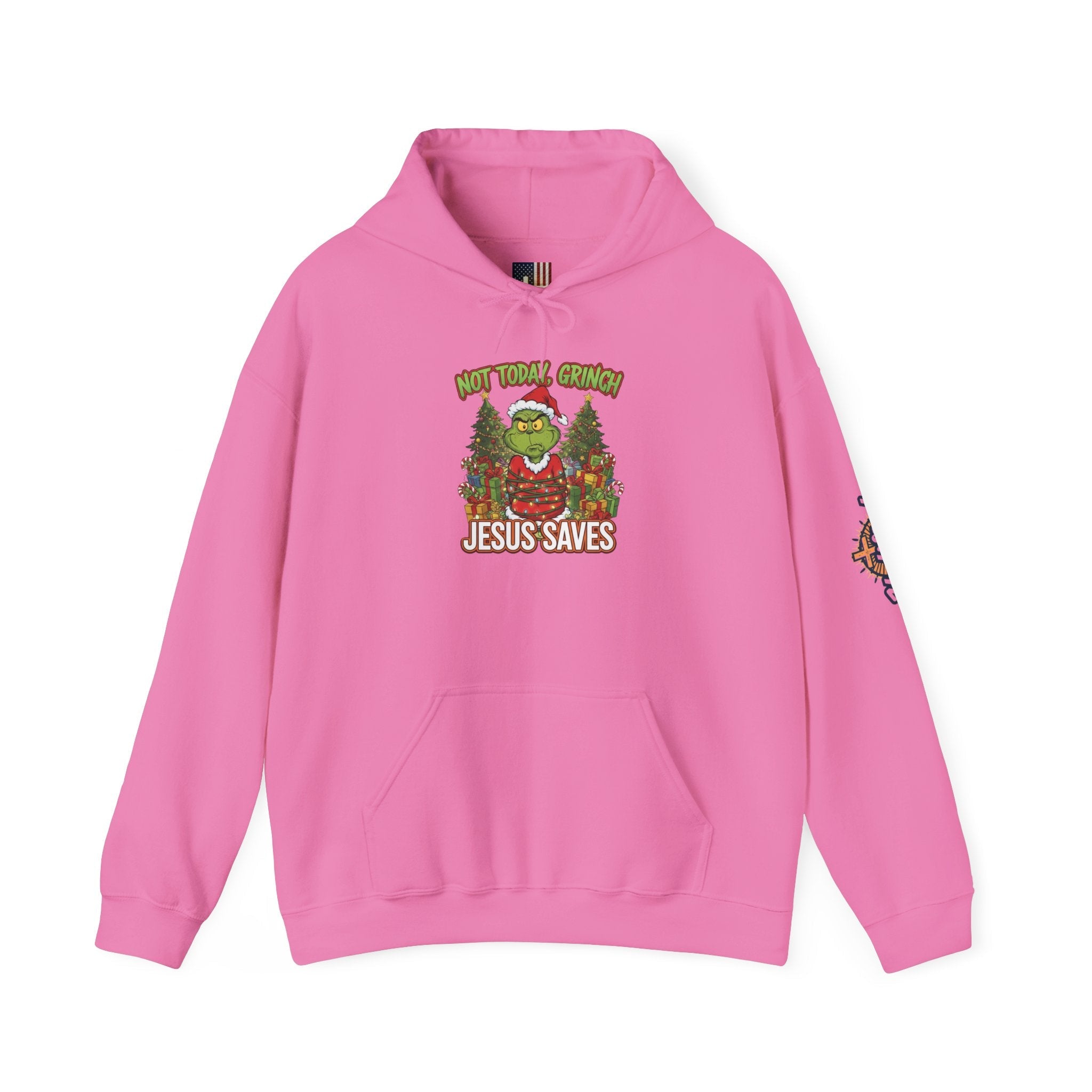 🎄 Not Today, Grinch – Jesus Saves | Funny Christian Christmas Hoodie | Sulking Grinch & Glowing Cross | Bold Neon Faith Tee by Uplifted Gear Printify