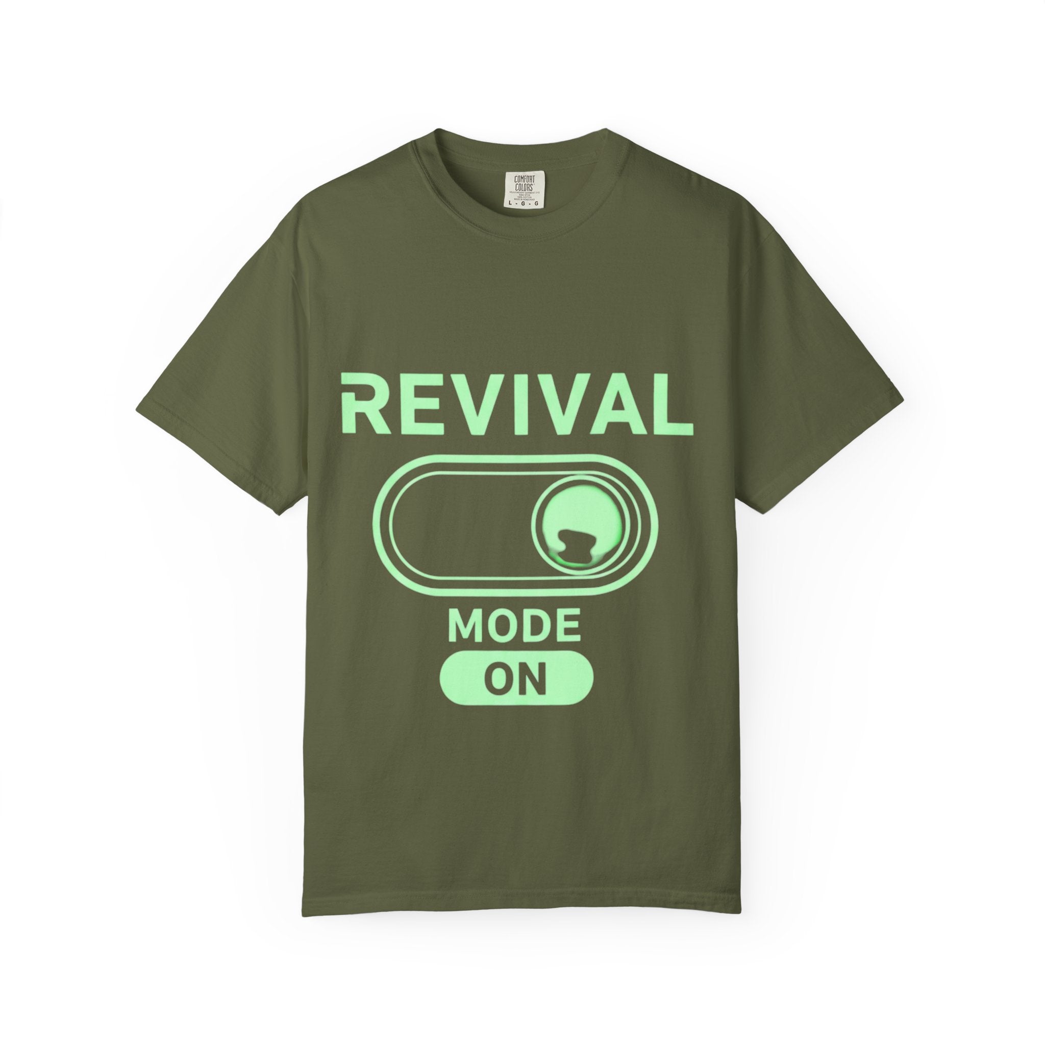 🔥 Revival Mode: ON – Christian Techwear T-Shirt | Glowing Green Faith Switch | Futuristic Jesus Shirt | Activate Your Spiritual Awakening | Uplifted Gear Printify