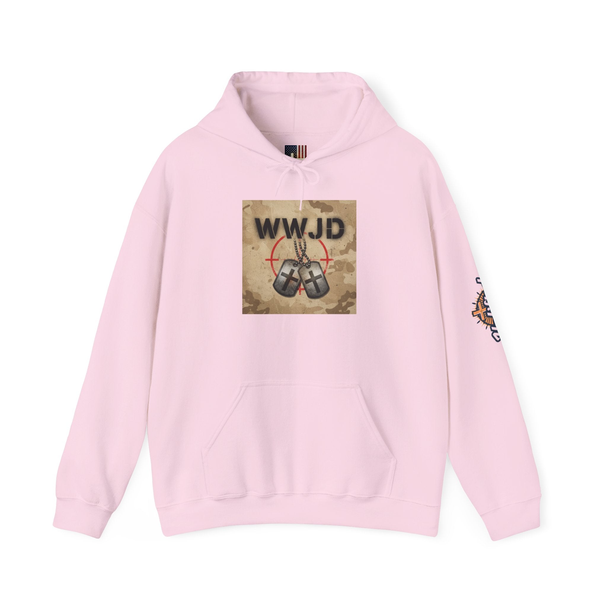 WWJD Hoodie – Military Dog Tags What Would Jesus Do Camo Christian Sweatshirt for Bold Faith & Streetwear Printify
