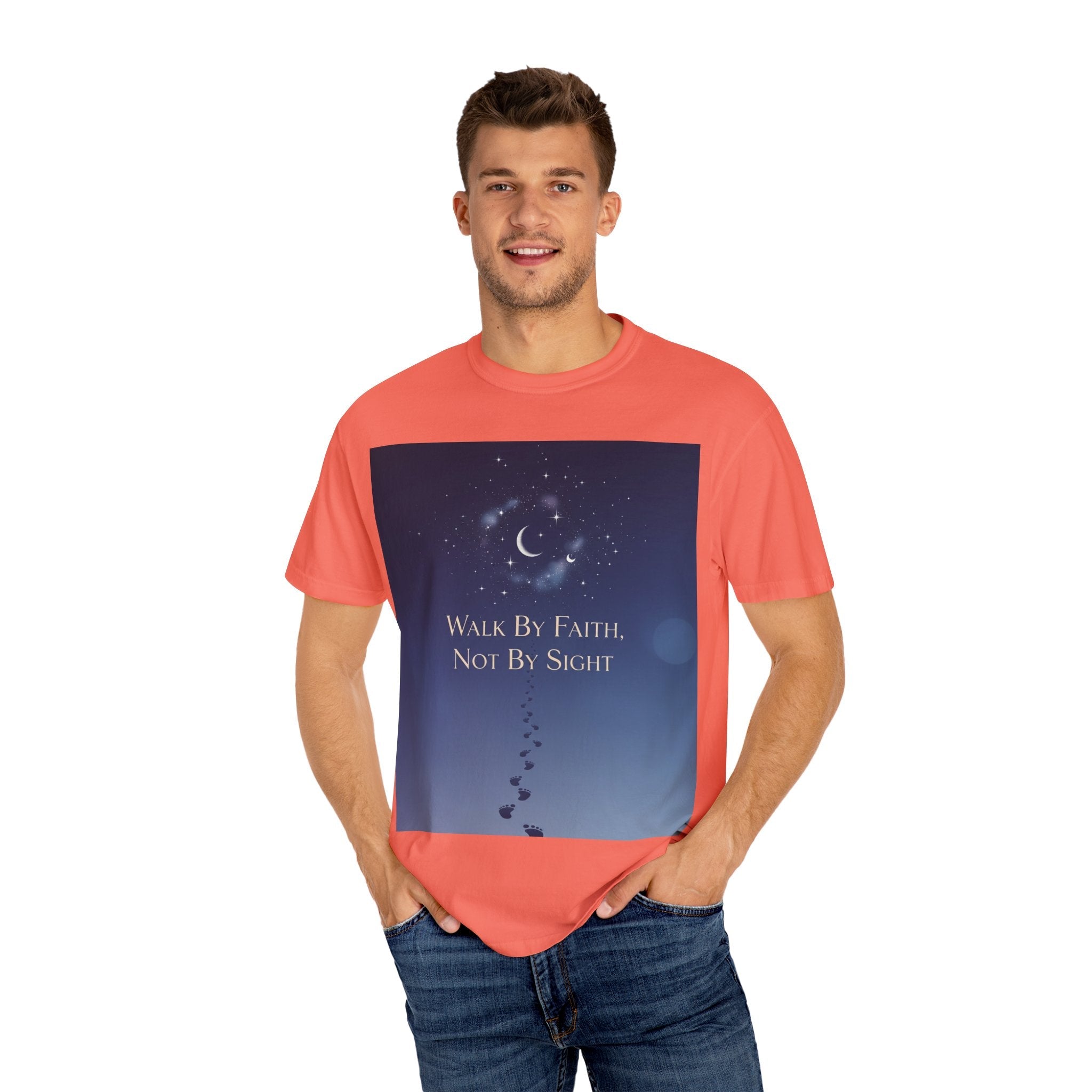 Walk by Faith, Not by Sight T-Shirt – Footprints in the Sand Christian Moonlit Tee Printify