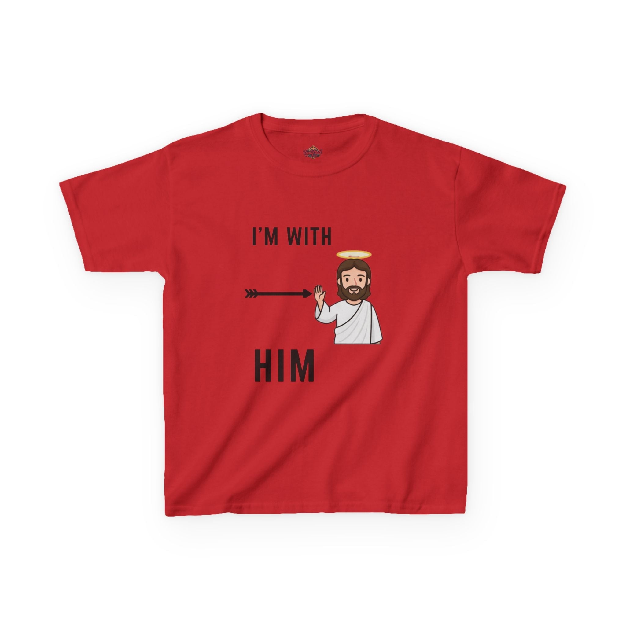 🔥 I’m With Him → Christian Kids T-Shirt | Arrow Pointing to Jesus | Minimalist Faith Tee | Subtle Cross Design | Bible-Inspired Apparel by Uplifted Gear Printify