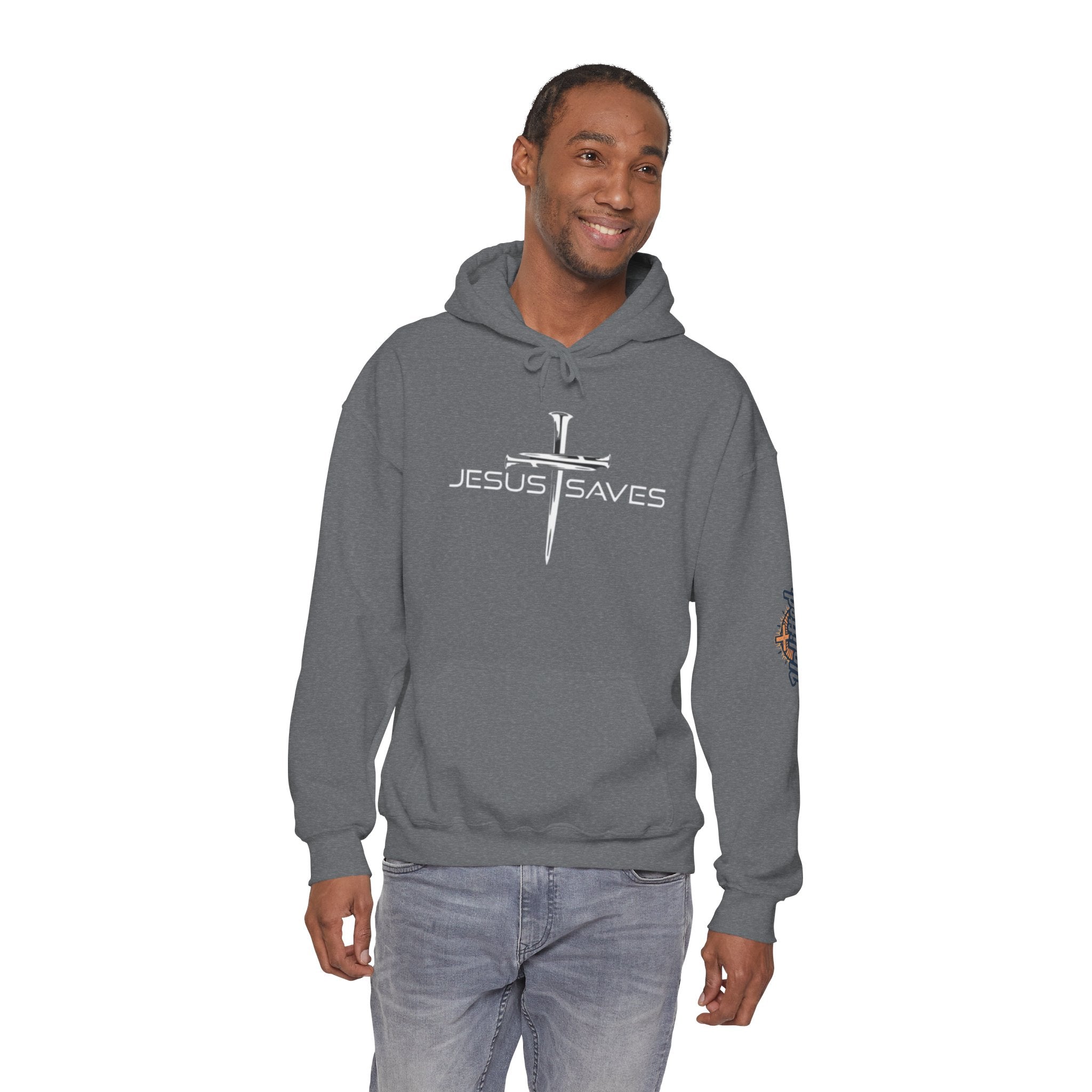 Jesus Saves Hoodie – 3 Nails Crucifix Cross Christian Sweatshirt for Redemption Faith & Bold Salvation Printify