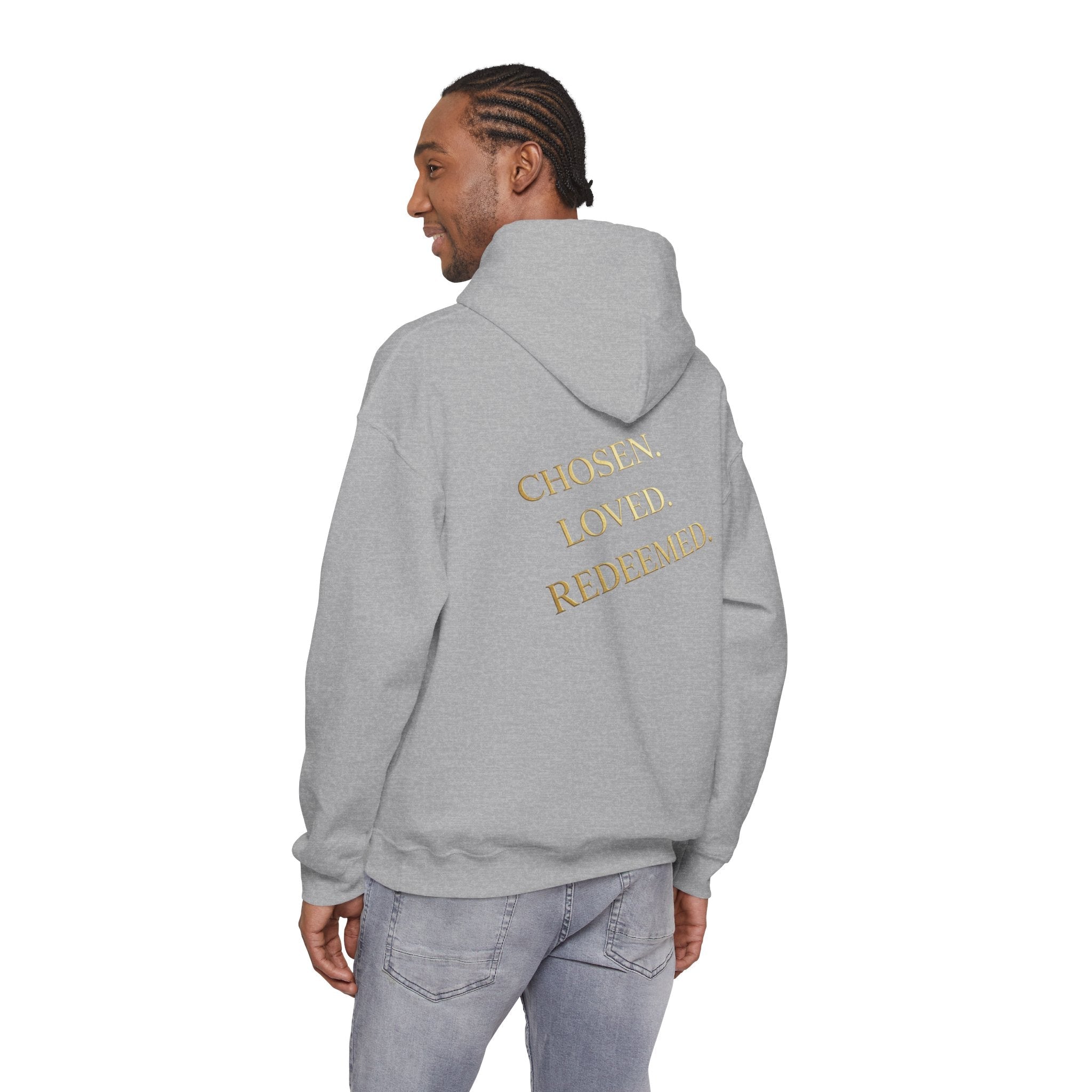 ✨ Chosen. Loved. Redeemed. – Elegant Christian Hoodie | Gold Foil Faith Tee | Subtle Cross & Heart Design | Inspirational Bible Verse Apparel by Uplifted Gear Printify