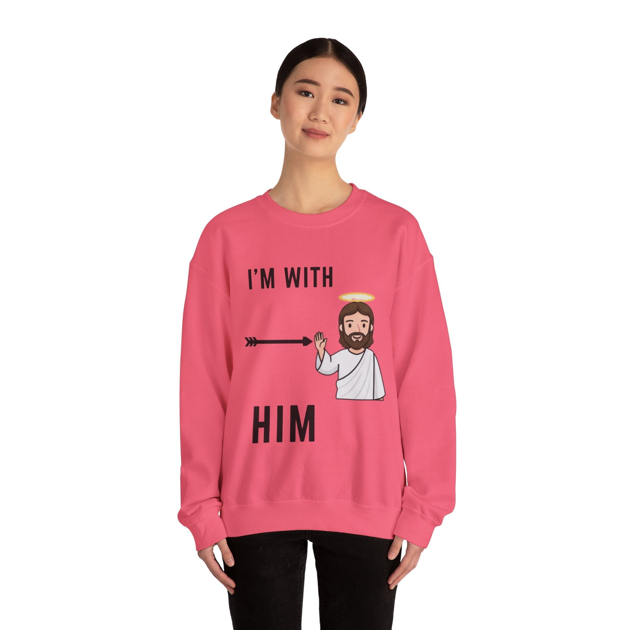 🔥 I’m With Him → Christian Sweatshirt | Arrow Pointing to Jesus | Minimalist Faith Tee | Subtle Cross Design | Bible-Inspired Apparel by Uplifted Gear Printify