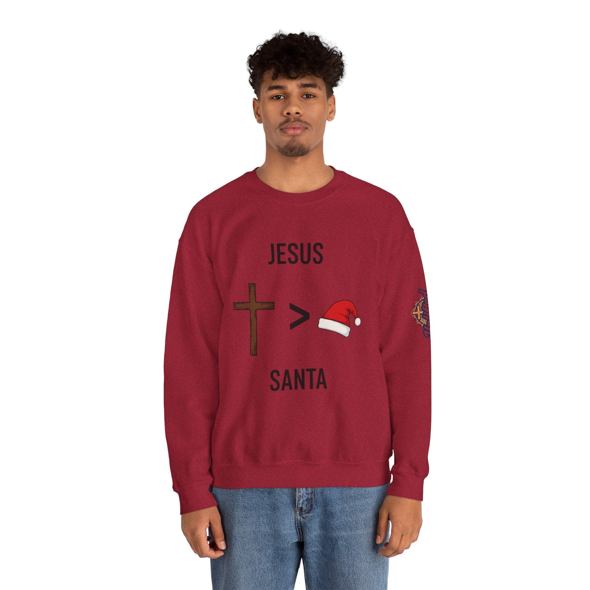 🎄 Jesus > Santa – Minimalist Christian Christmas Sweatshirt | Bold Faith Over Holiday Tee | Cross vs Santa Hat Design | Uplifted Gear Printify
