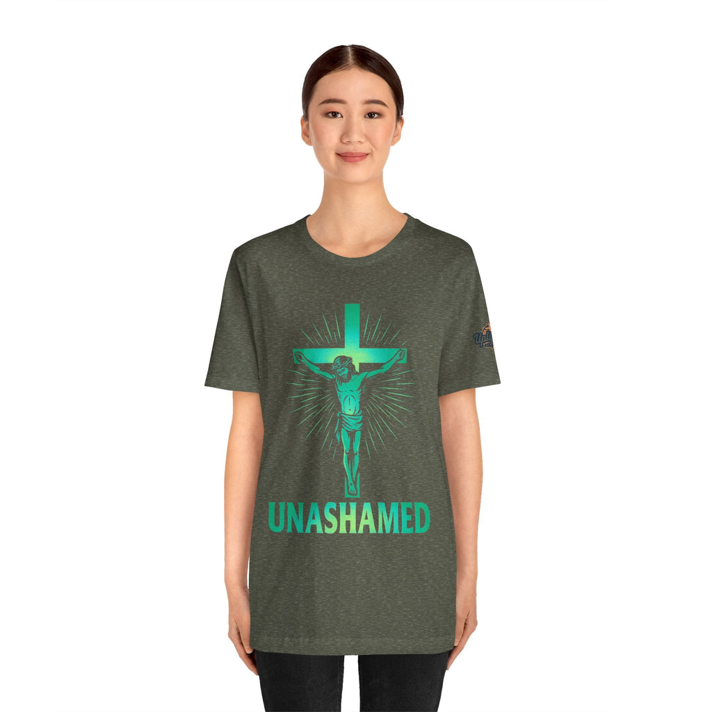 Unashamed T-shirt – Romans 1:16 Crucifixion Christian t-shirt for Bold Unwavering Faith Printify