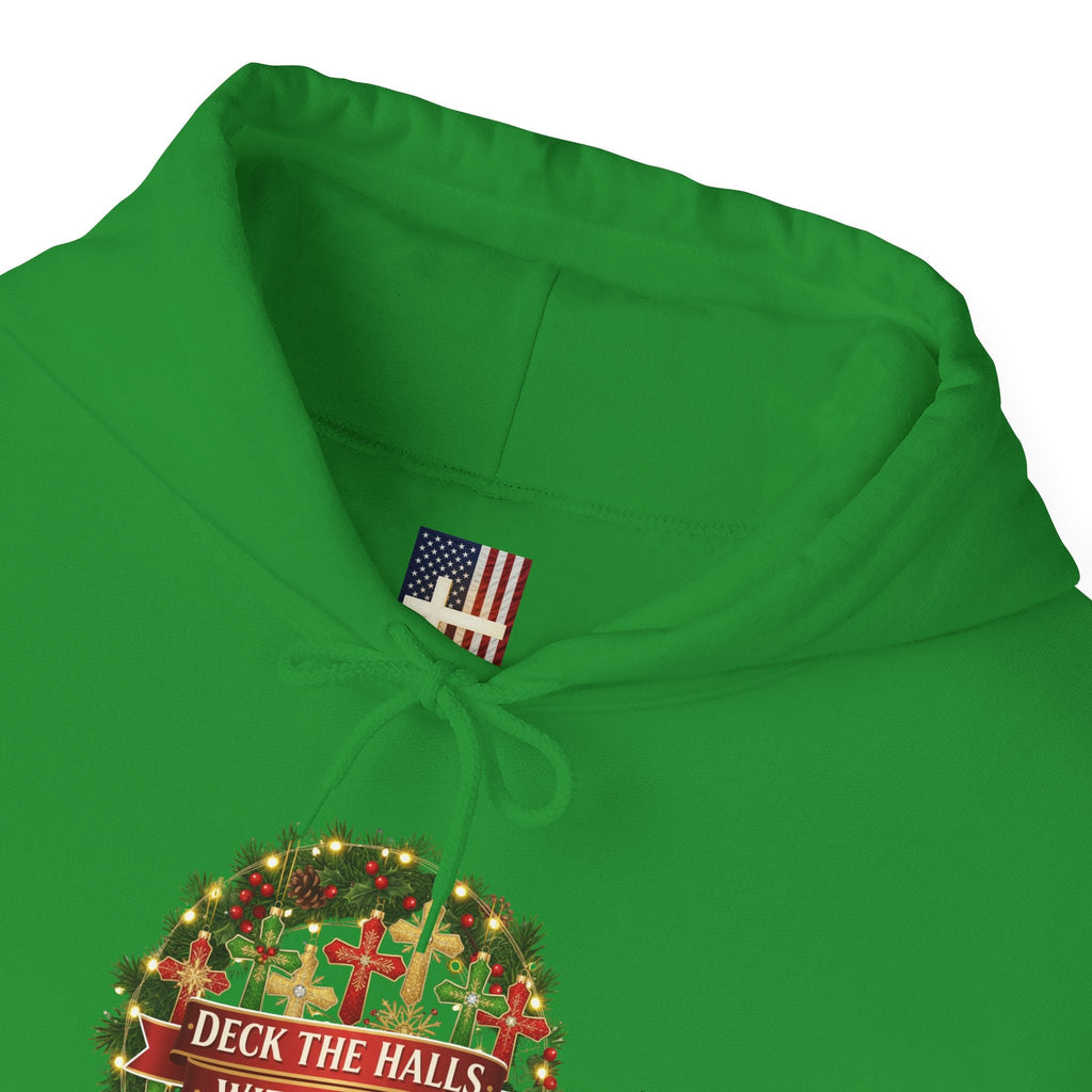 🎄 Deck the Halls with Faith – Christian Christmas Hoodie | Cross Ornament Design & Festive Garland | Bold Holiday Faith Tee by Uplifted Gear Printify