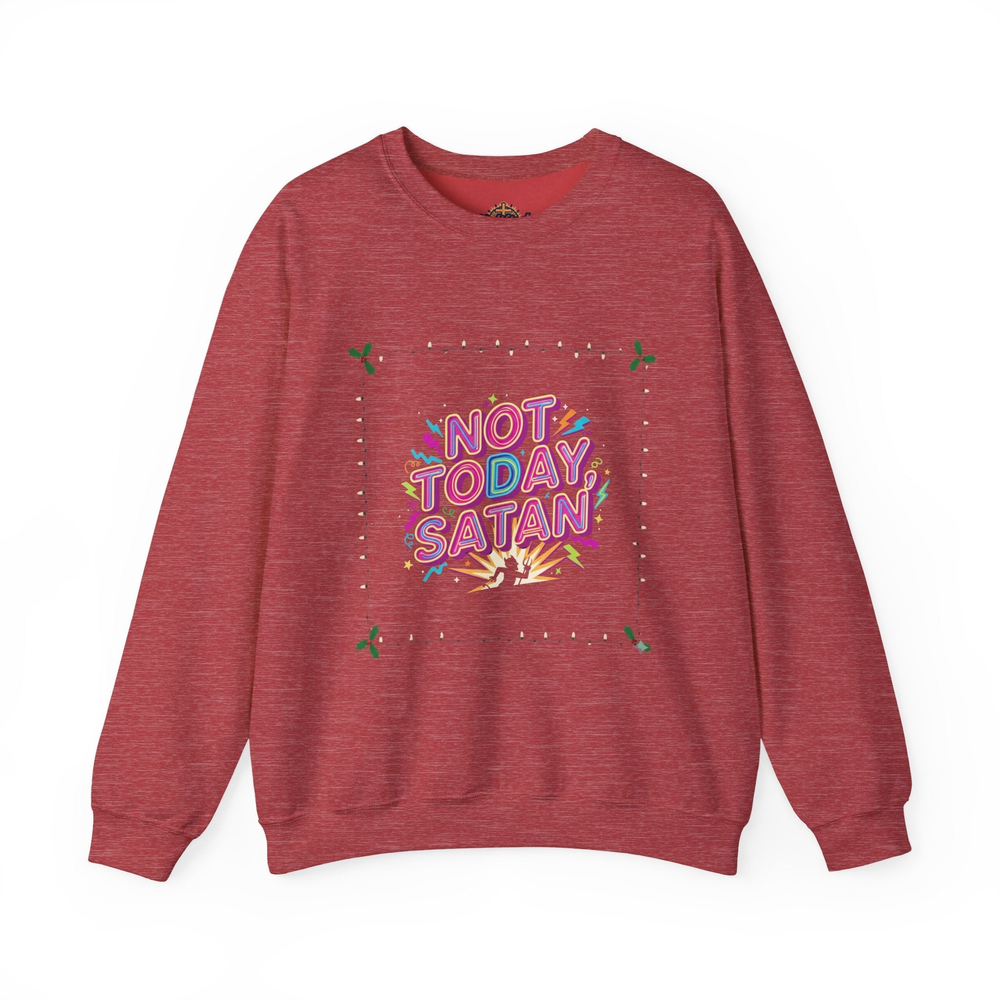 🔥 Not Today, Satan – Retro 90s Christian Sweatshirt | Neon Faith Tee | Funky Cartoon Devil | Bold Bible Verse Shirt | Uplifted Gear Printify