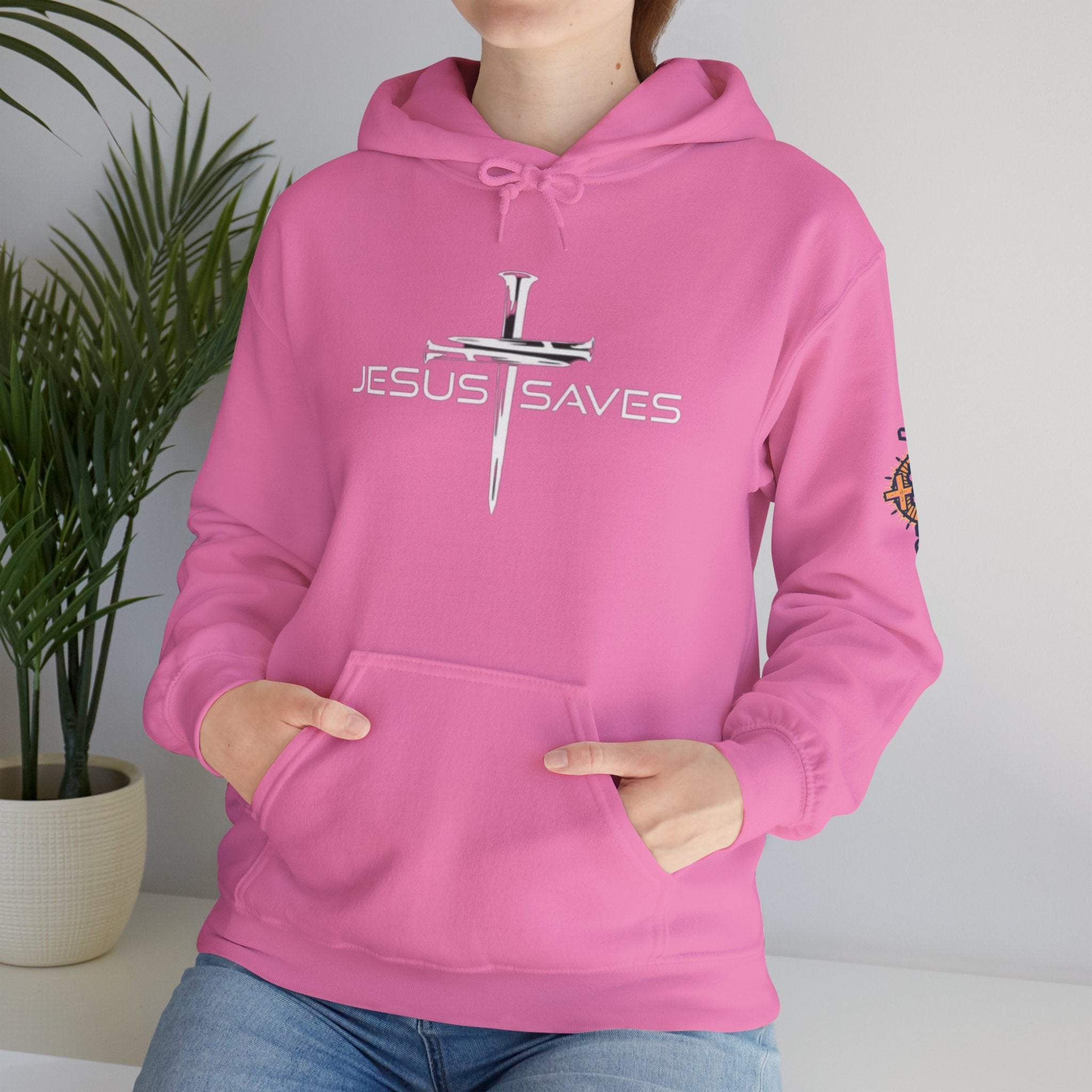 Jesus Saves Hoodie – 3 Nails Crucifix Cross Christian Sweatshirt for Redemption Faith & Bold Salvation Printify