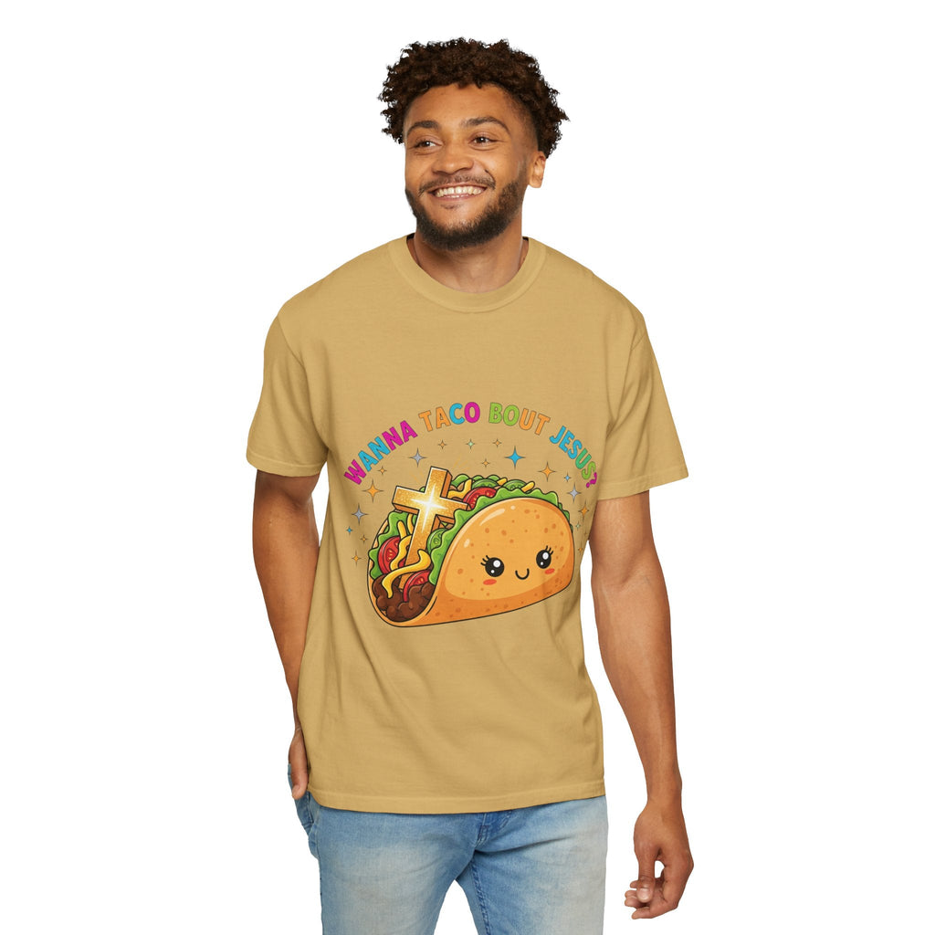 Wanna Taco 'Bout Jesus? Funny Christian Pun T-Shirt – Lettuce Pray & Share Faith! Printify