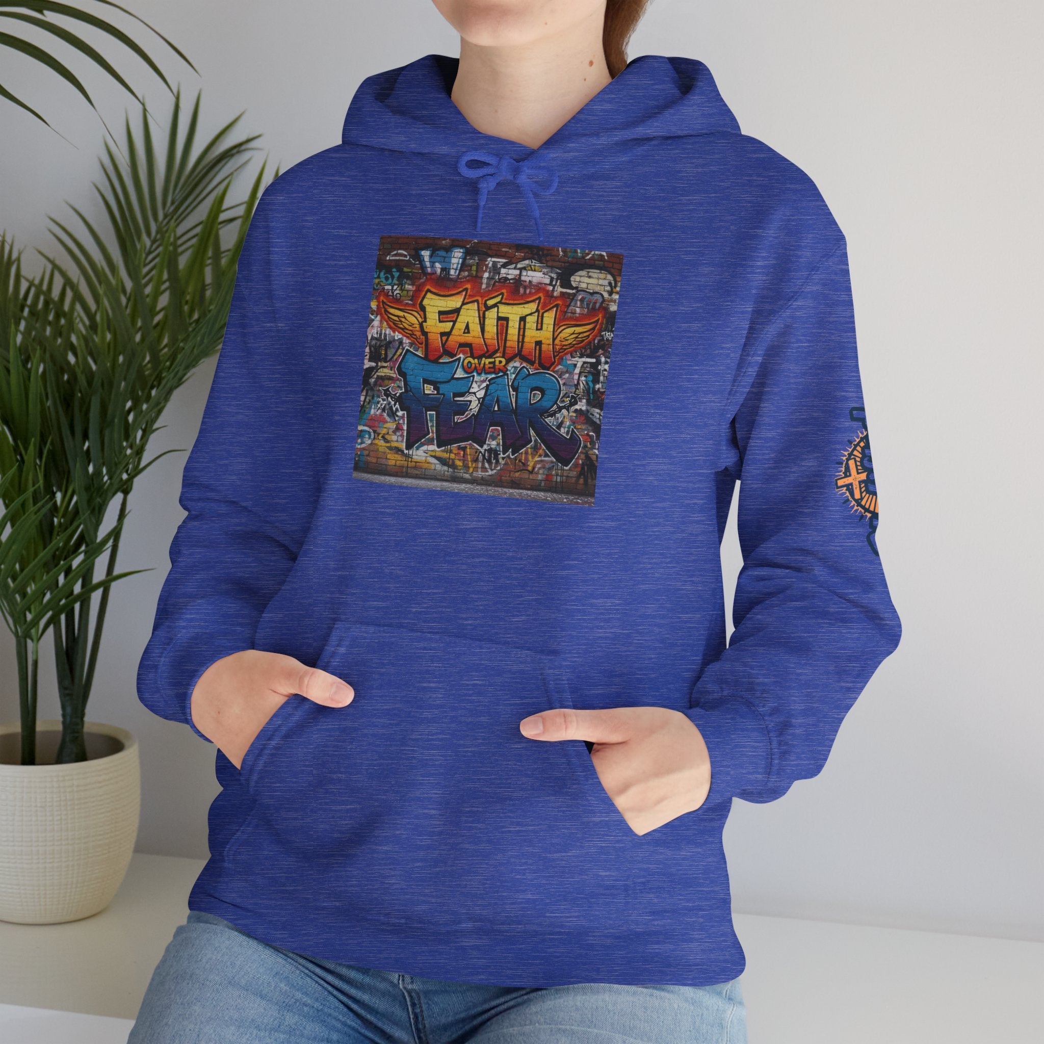 Faith Over Fear Hoodie – Graffiti Wall Christian Sweatshirt for Bold 2 Corinthians 5:7 Streetwear & Unshakable Faith Printify