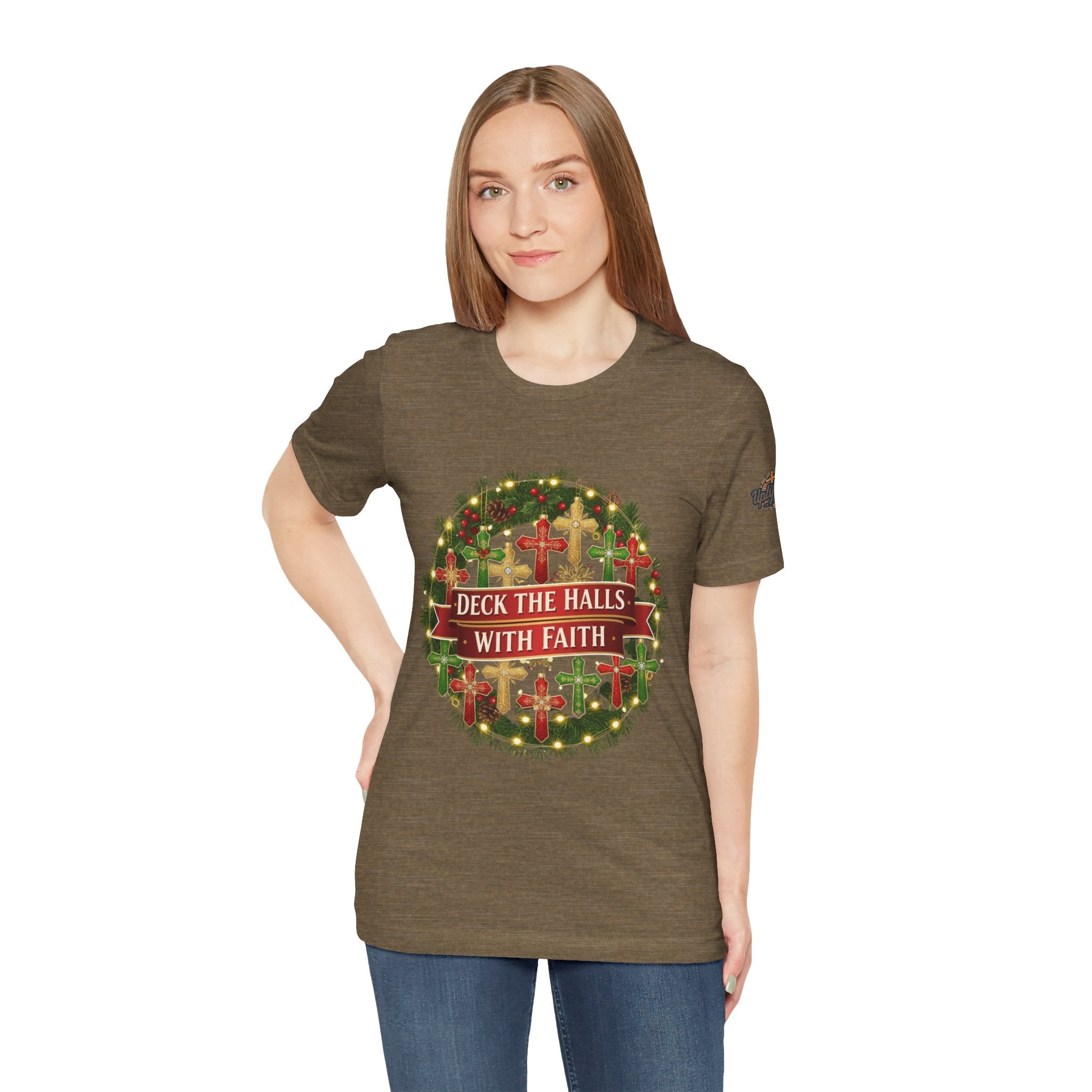 🎄 Deck the Halls with Faith – Christian Christmas T-Shirt | Cross Ornament Design & Festive Garland | Bold Holiday Faith Tee by Uplifted Gear Printify