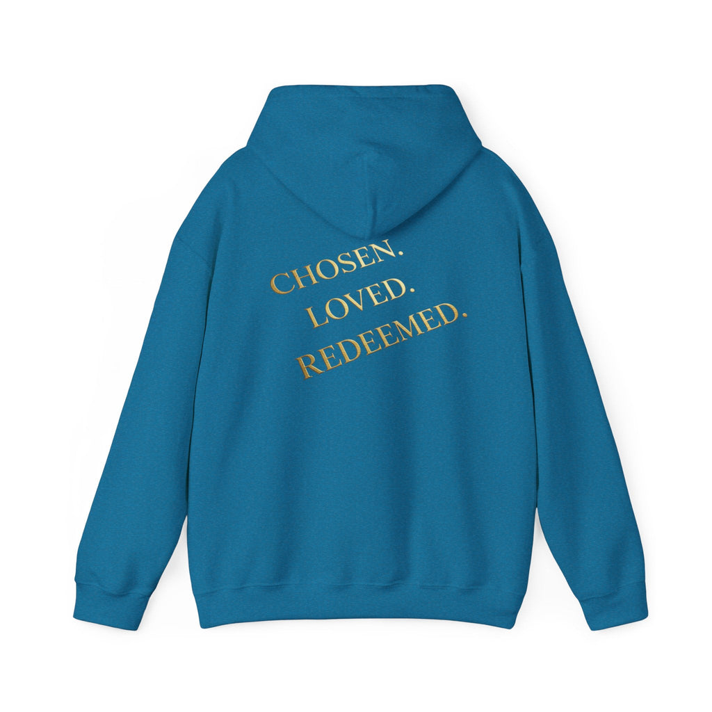 ✨ Chosen. Loved. Redeemed. – Elegant Christian Hoodie | Gold Foil Faith Tee | Subtle Cross & Heart Design | Inspirational Bible Verse Apparel by Uplifted Gear Printify