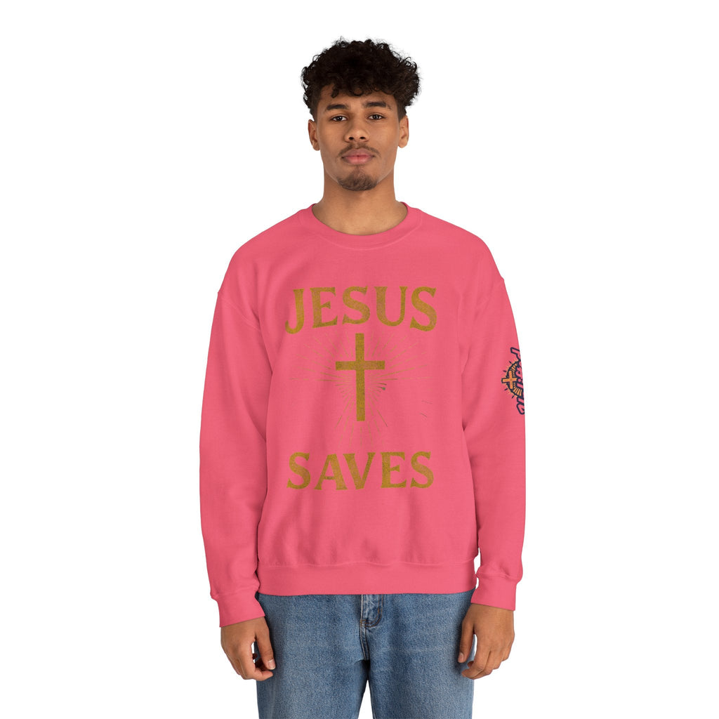 Jesus Saves Sweatshirt – Radiant Cross & Rays of Light Christian Sweatshirt for Eternal Hope & Faith Printify