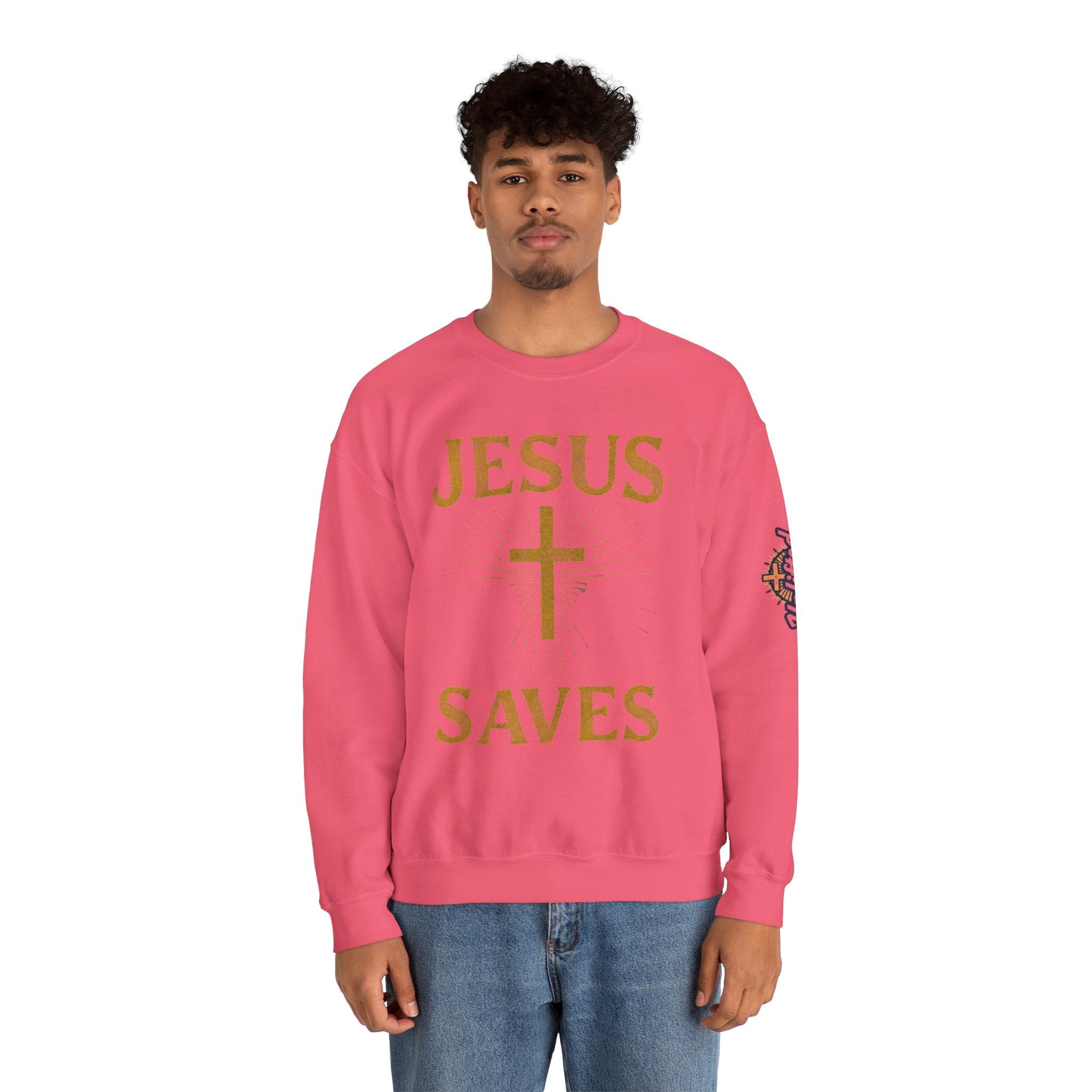 Jesus Saves Sweatshirt – Radiant Cross & Rays of Light Christian Sweatshirt for Eternal Hope & Faith Printify